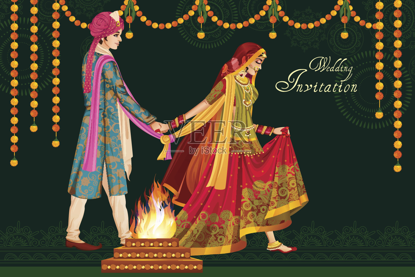 印度夫妇在婚礼上的Satphera仪式的印度设计模板素材