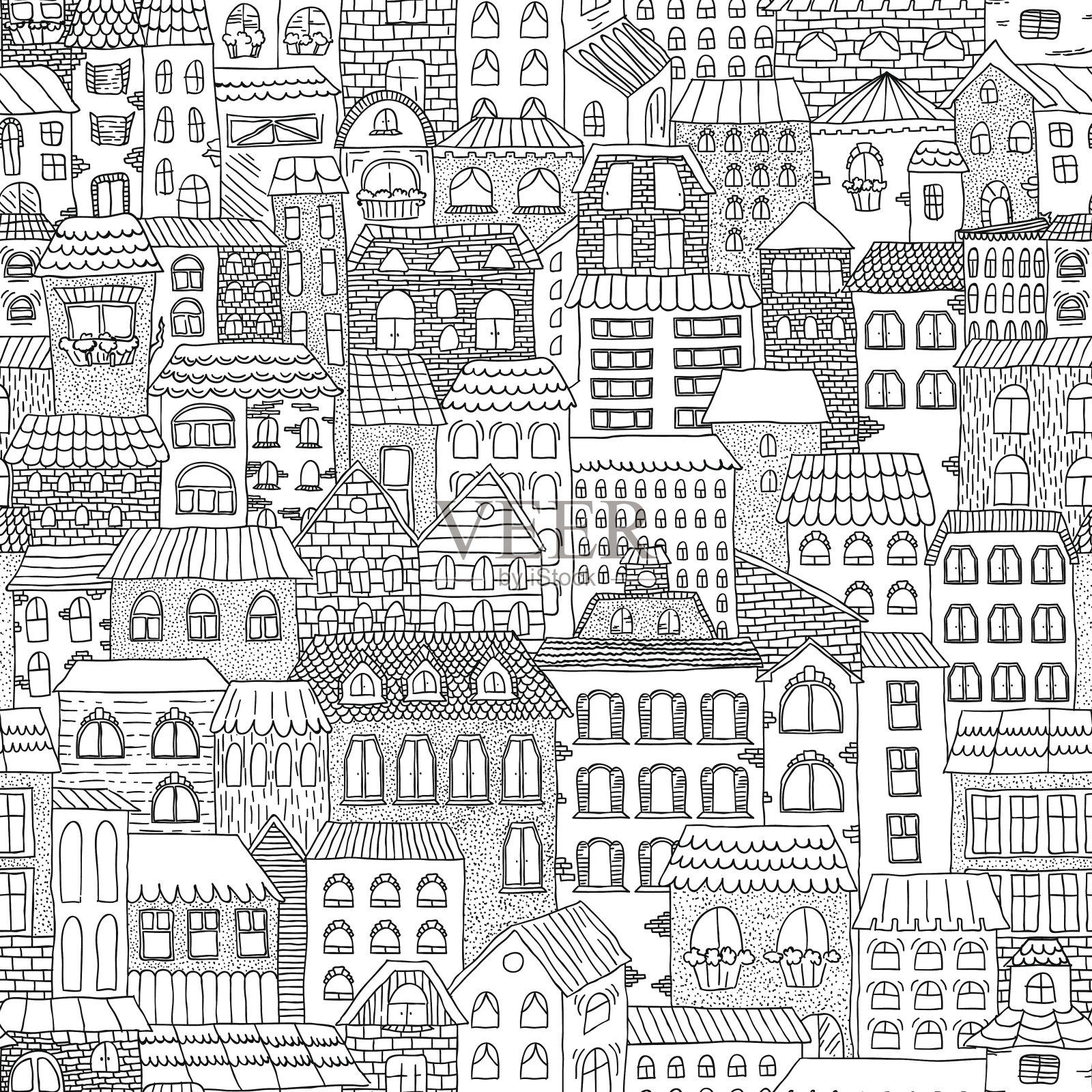 黑白素描无缝的城市全景。插画图片素材