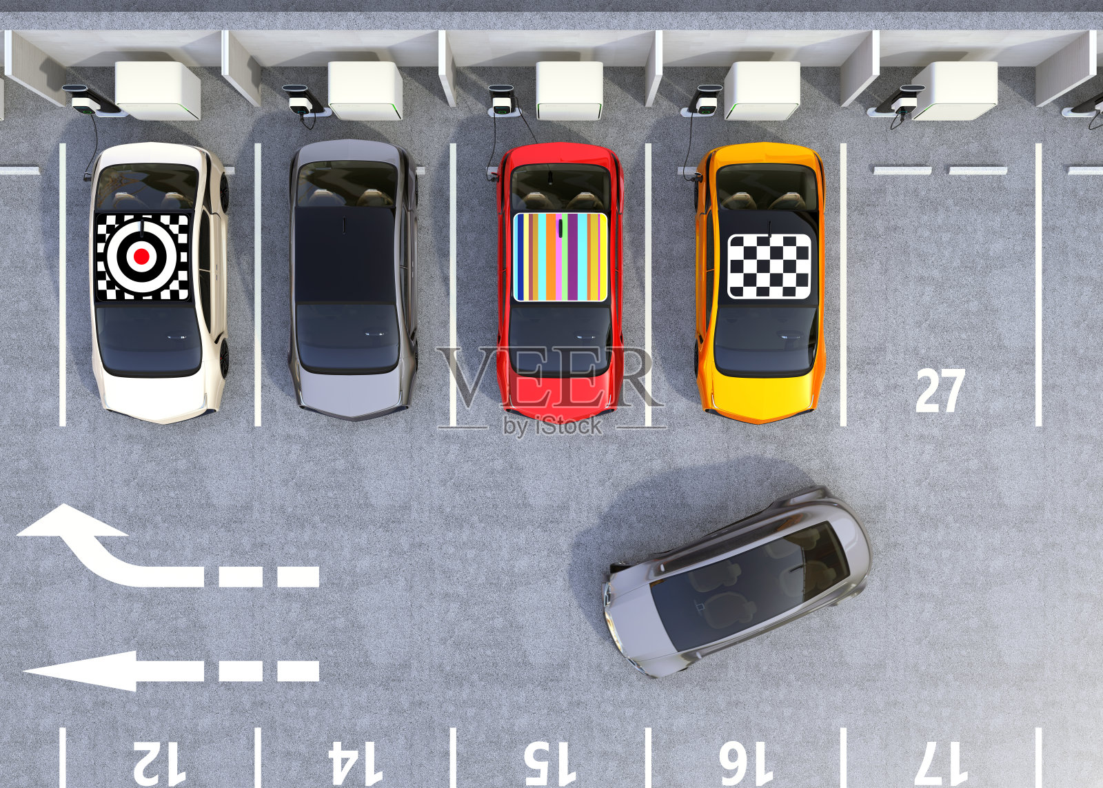 停车场彩色电动汽车充电鸟瞰图插画图片素材