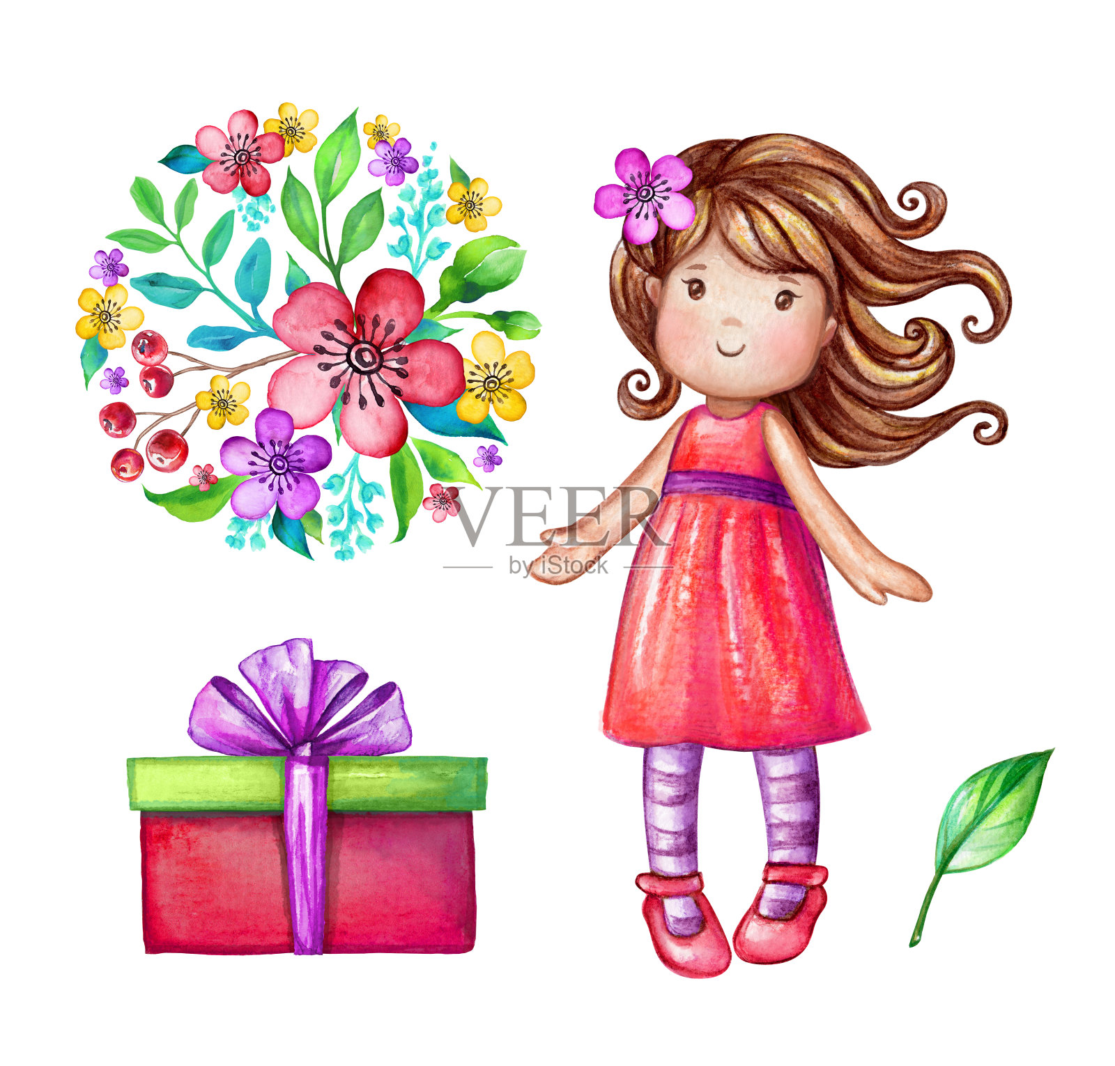 水彩可爱的女孩插图，婴儿娃娃，小公主，花束，包装礼盒，生日派对设计元素设置孤立的白色背景，节日剪辑艺术插画图片素材