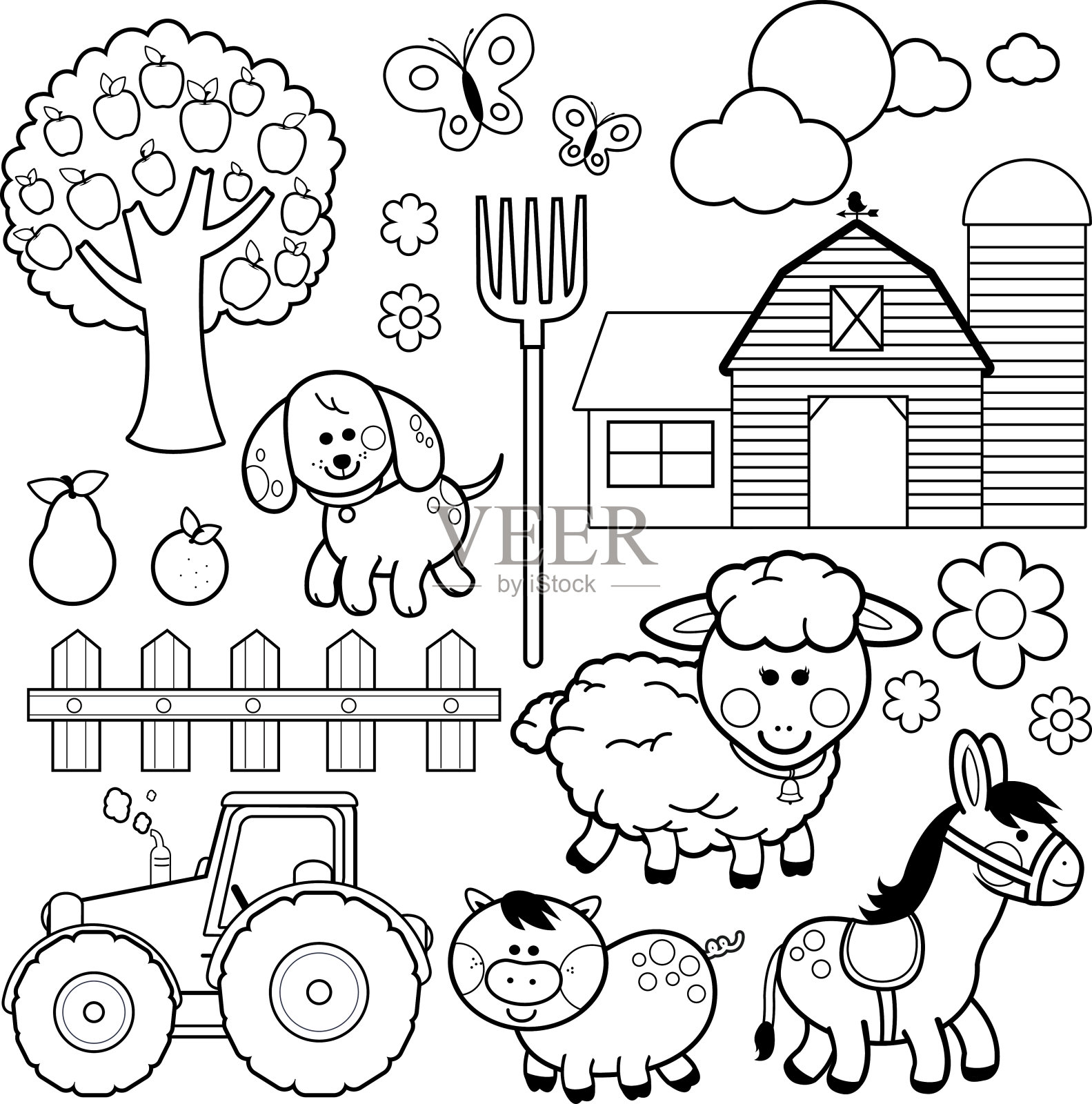 农场动物矢量插图收集。黑白涂色书页插画图片素材