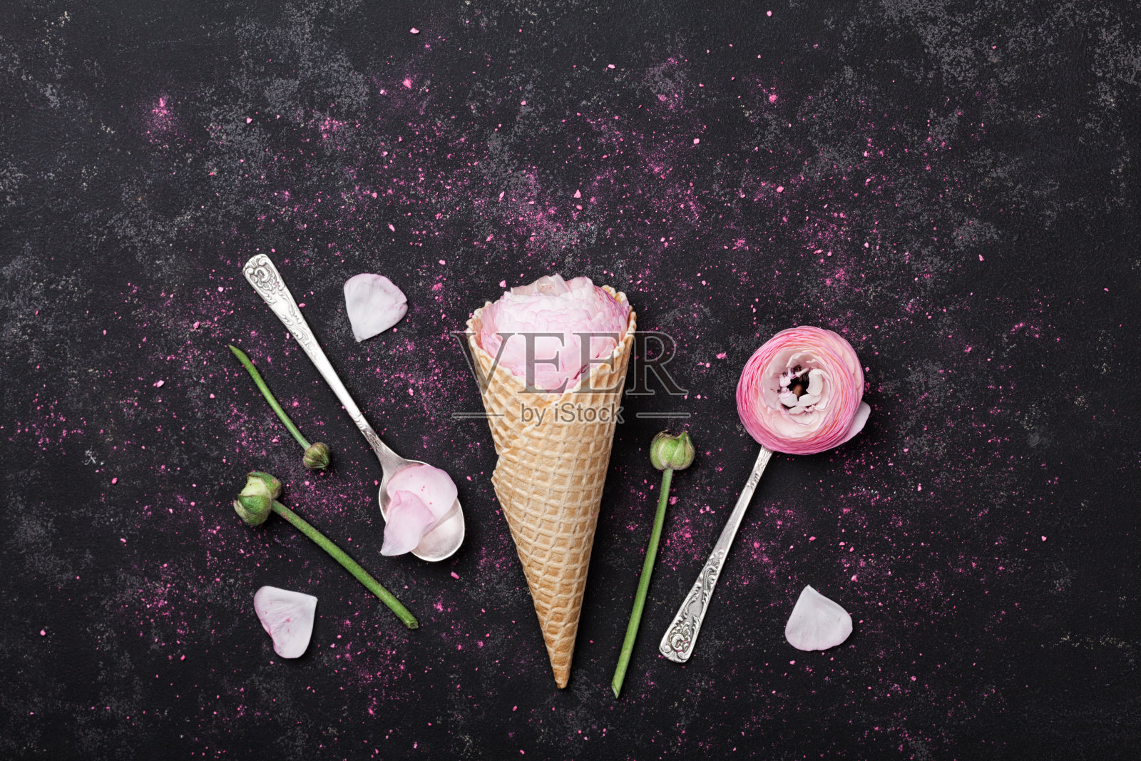 创意花卉组成。华夫蛋筒里的粉红色毛茛花冰淇淋。平的。复古风格。照片摄影图片