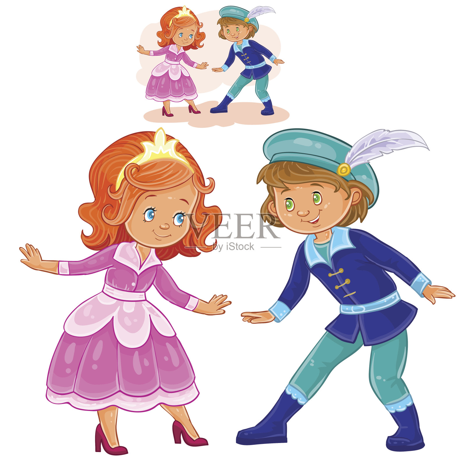 矢量插图的一个小男孩和女孩穿着时期的服装。插画图片素材