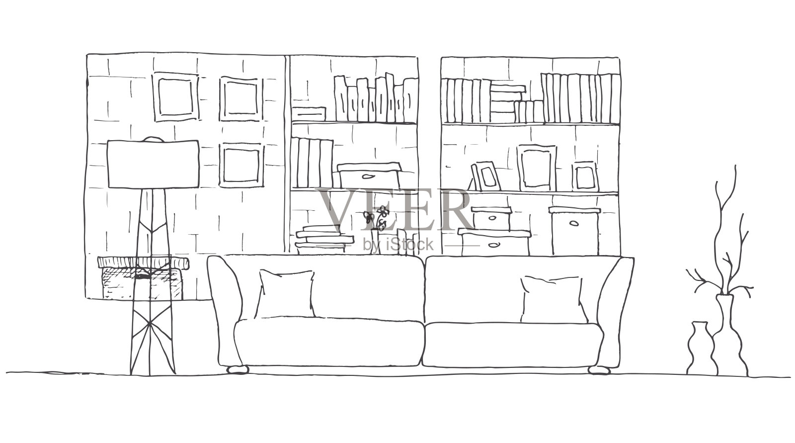 沙发，墙上的架子和落地灯。手绘矢量插图的草图风格。插画图片素材
