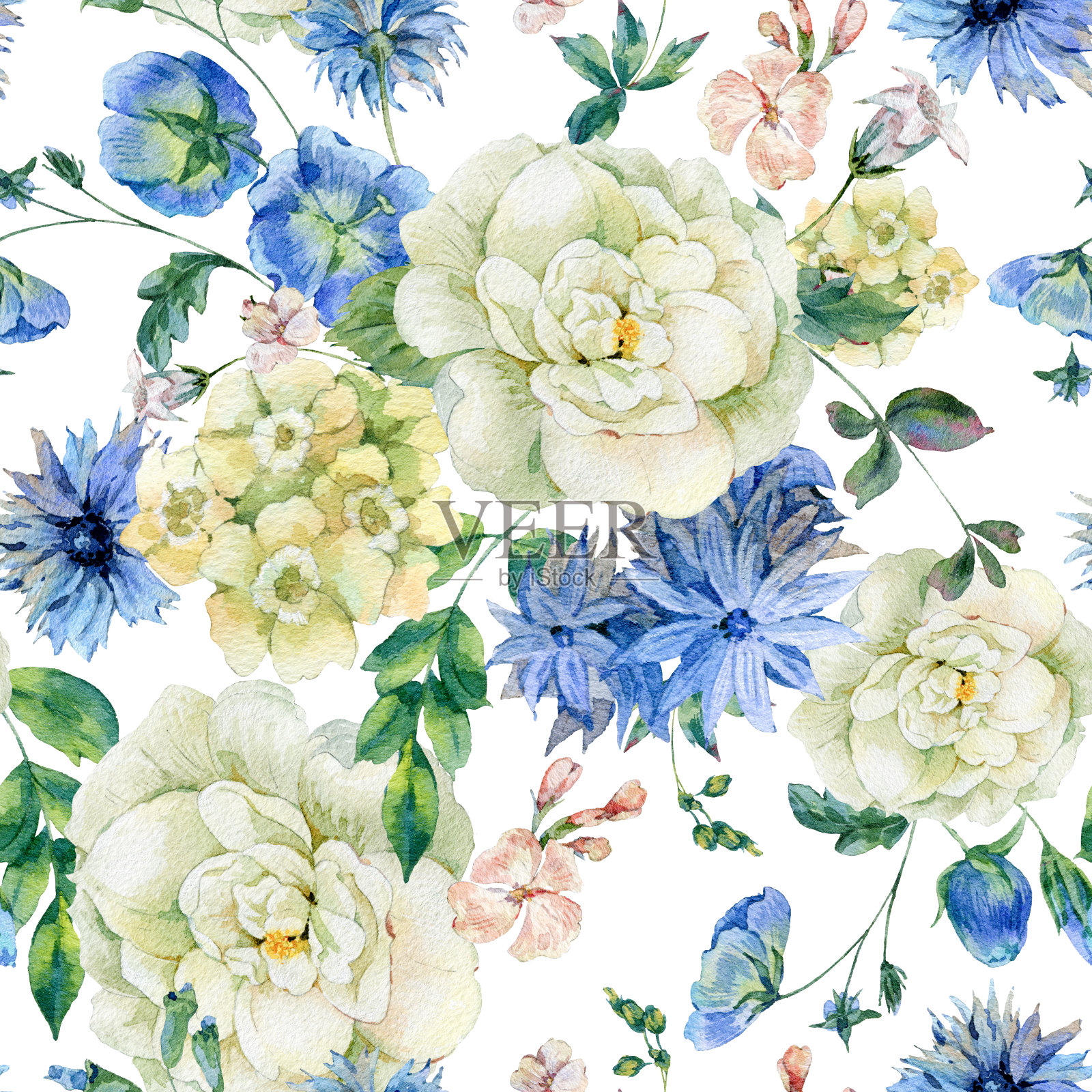 水彩无缝图案与蓝色盛开的野花插画图片素材