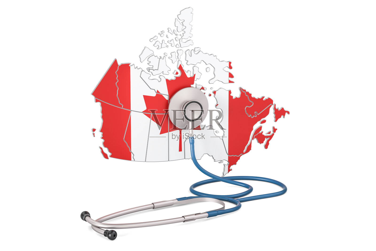 加拿大地图与听诊器，国家卫生保健概念，3D渲染照片摄影图片