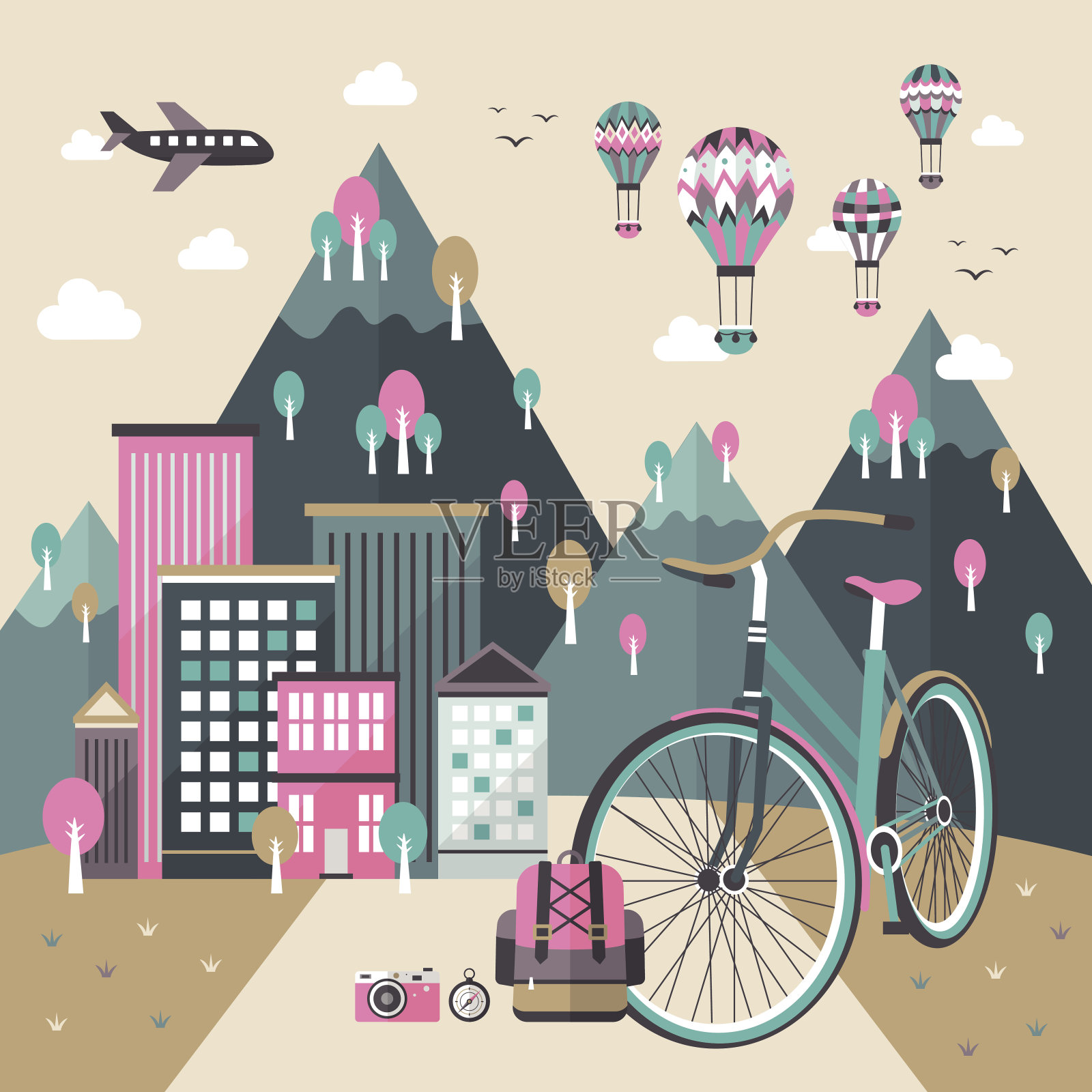 平面设计的自行车旅行的概念插画图片素材