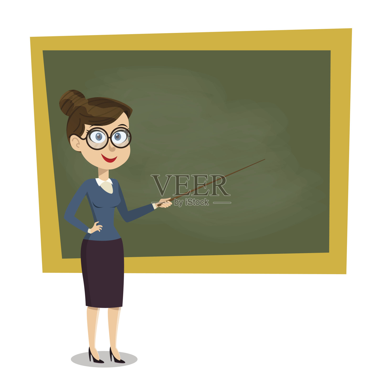 矢量卡通微笑的女教师与教鞭在教室的黑板上，显示在船上。EPS10中的设计模板插画图片素材