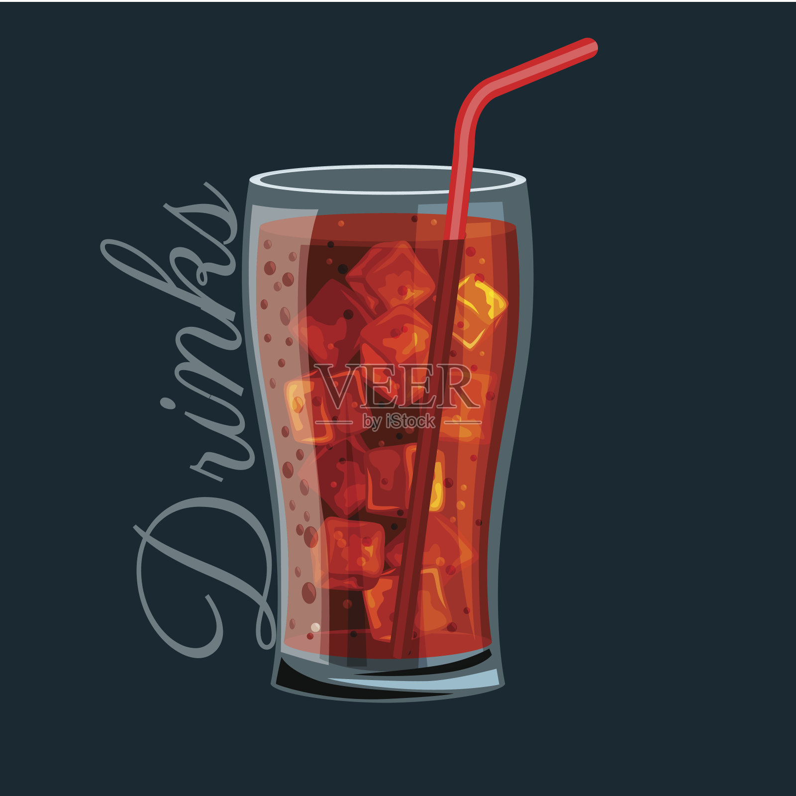 棕色碳酸软饮料在一个玻璃杯，不包含酒精，冷与冰和一根吸管在一个玻璃碗矢量插图快餐的概念插画图片素材