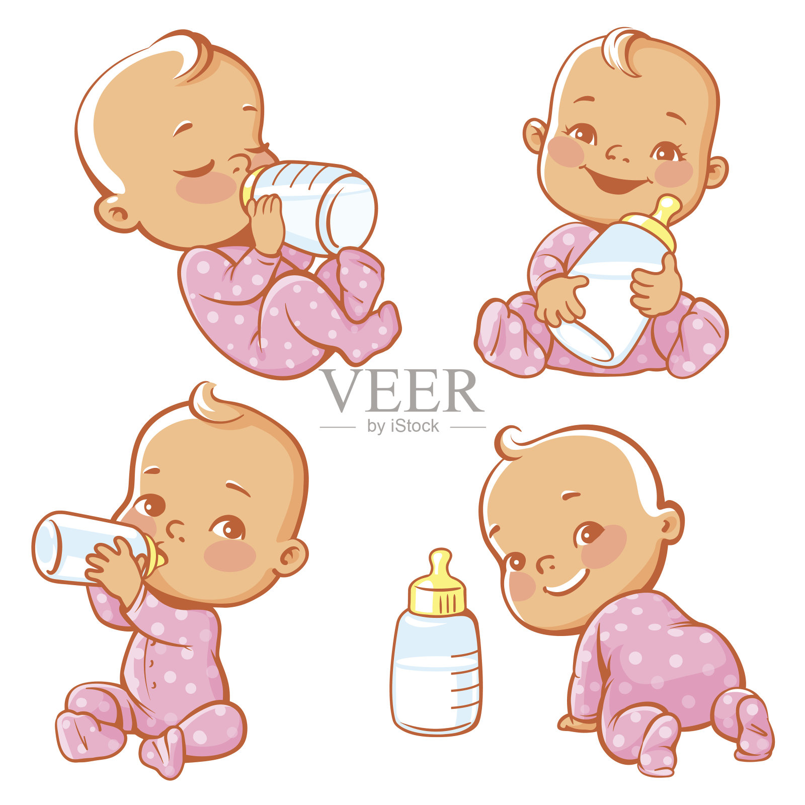 配上可爱的小宝贝和奶瓶。刚出生的女婴穿着粉红色的睡衣喝牛奶。用配方奶或母乳喂养新生儿。快乐的幼儿微笑，爬，坐，躺。矢量插图。设计元素图片