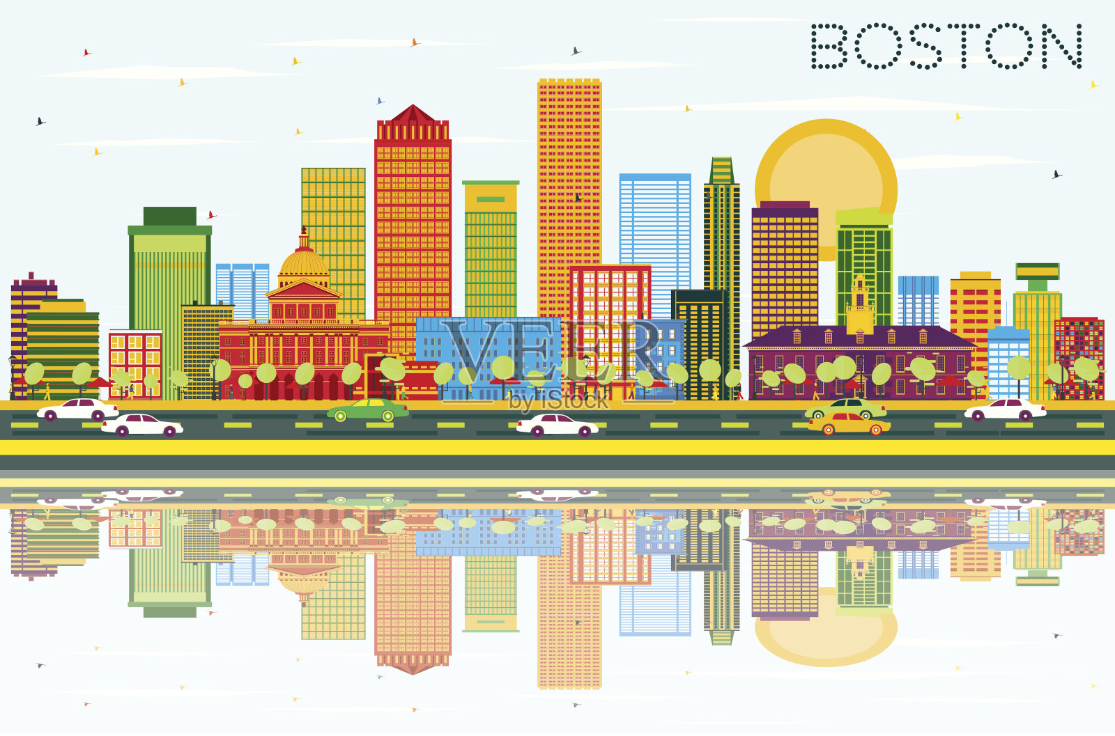 波士顿天际线与彩色建筑，蓝天和反射。插画图片素材