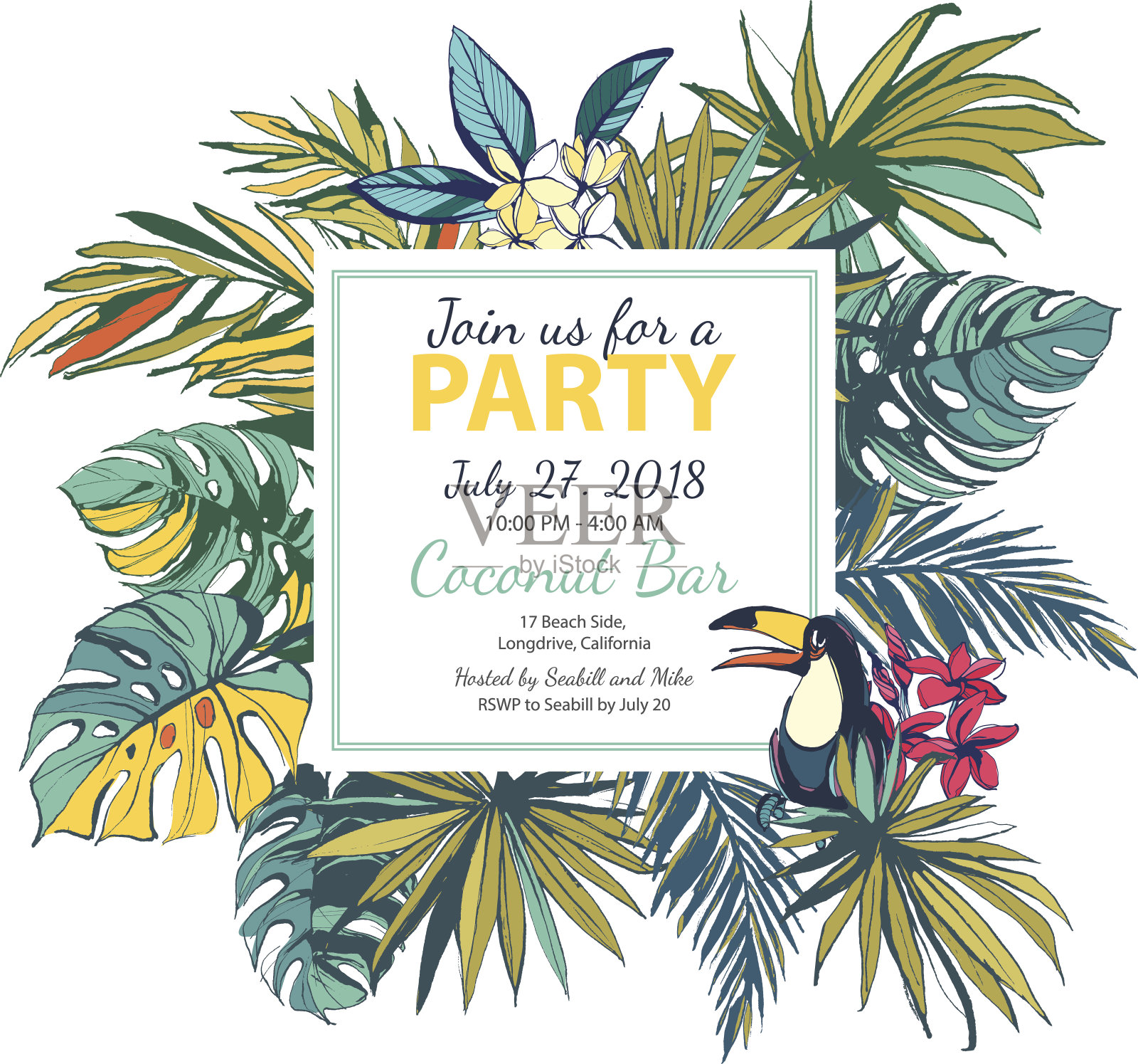 矢量插图热带花卉夏季派对海报与朋友设计模板素材