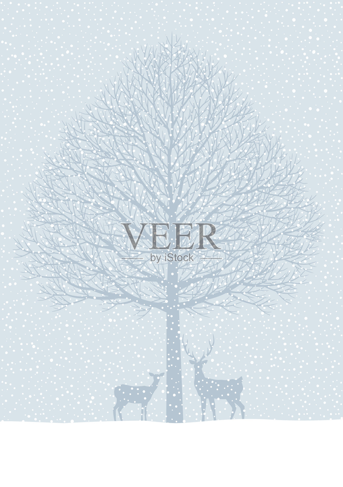 冬天的风景。雪,树木,鹿插画图片素材