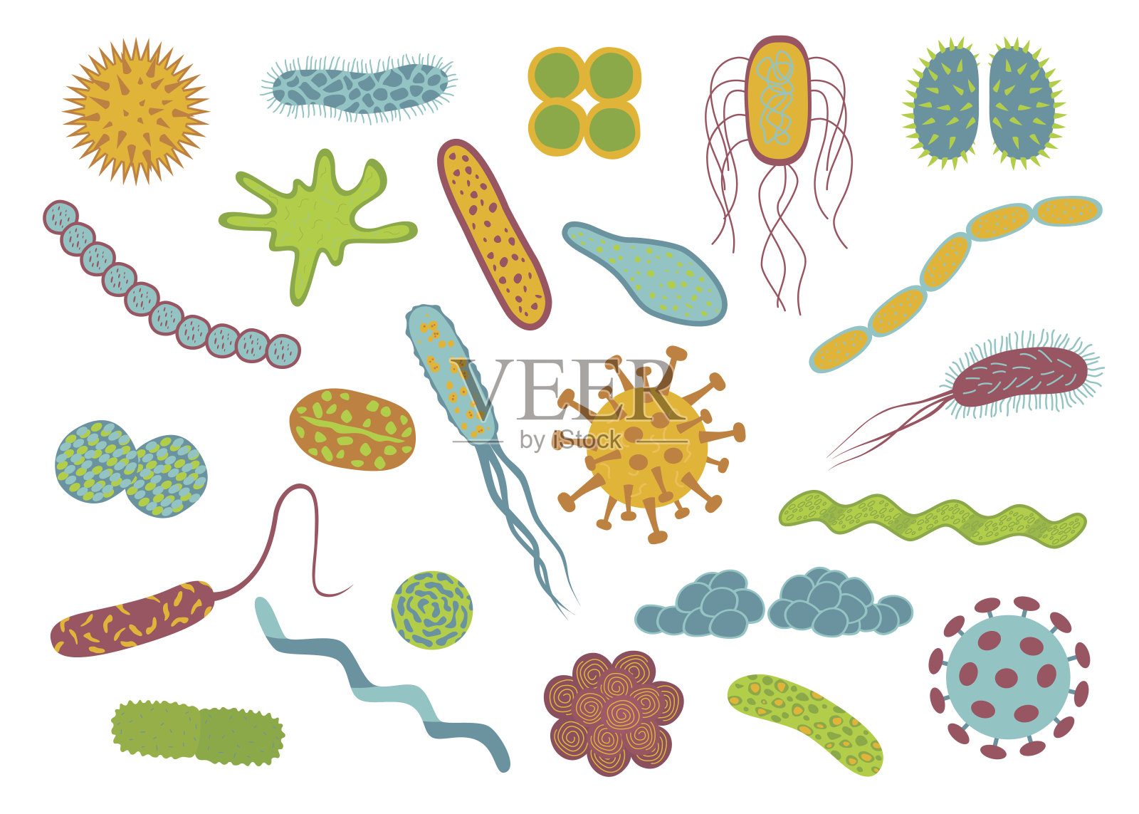 平面设计细菌和细菌图标设置隔离在白色背景。插画图片素材