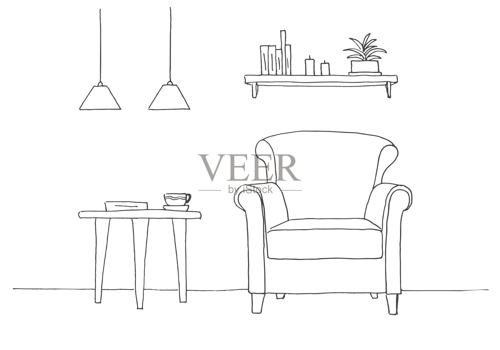 椅子，桌子和杯子。桌子上方两盏低悬的灯。放着书和植物的书架。手绘矢量插图的草图风格插画图片素材