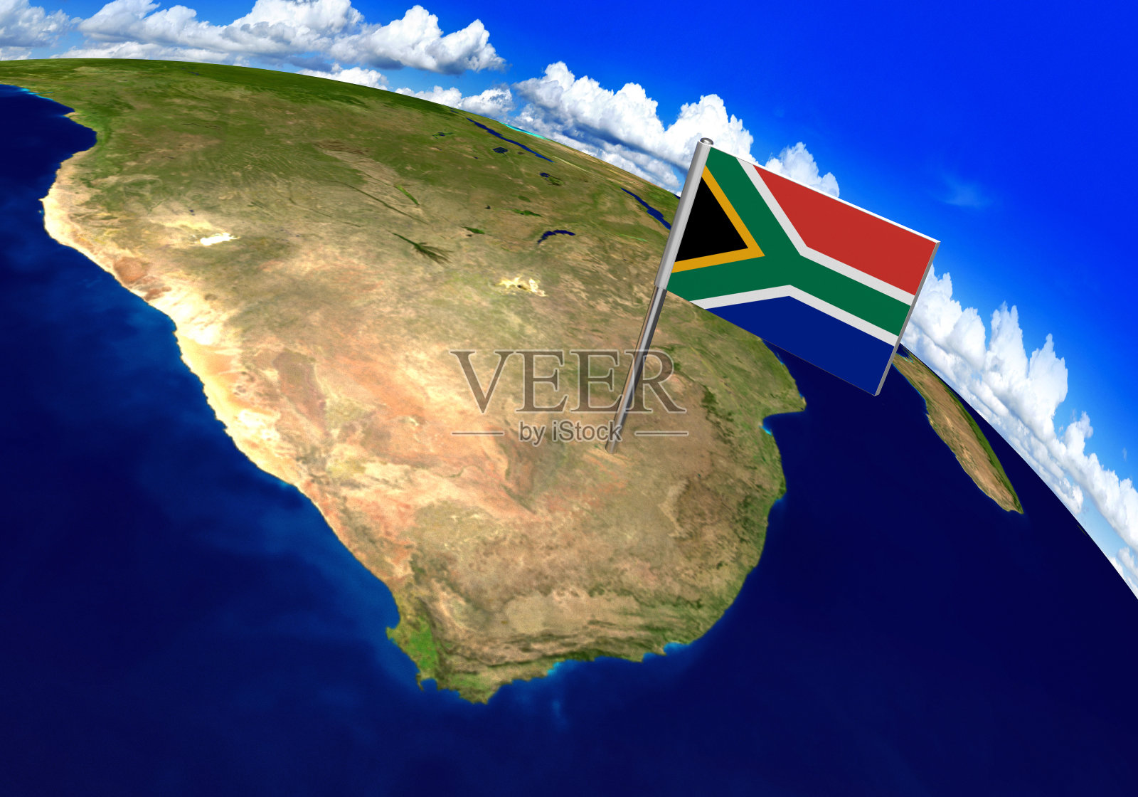 世界地图上南非的国旗标记照片摄影图片