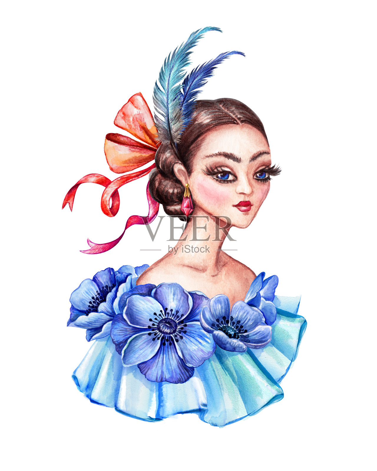 水彩插图，美丽的年轻女人肖像，维多利亚夫人，花裙子，蓝色的银莲花花，羽毛，发型，复古剪辑艺术孤立在白色的背景插画图片素材