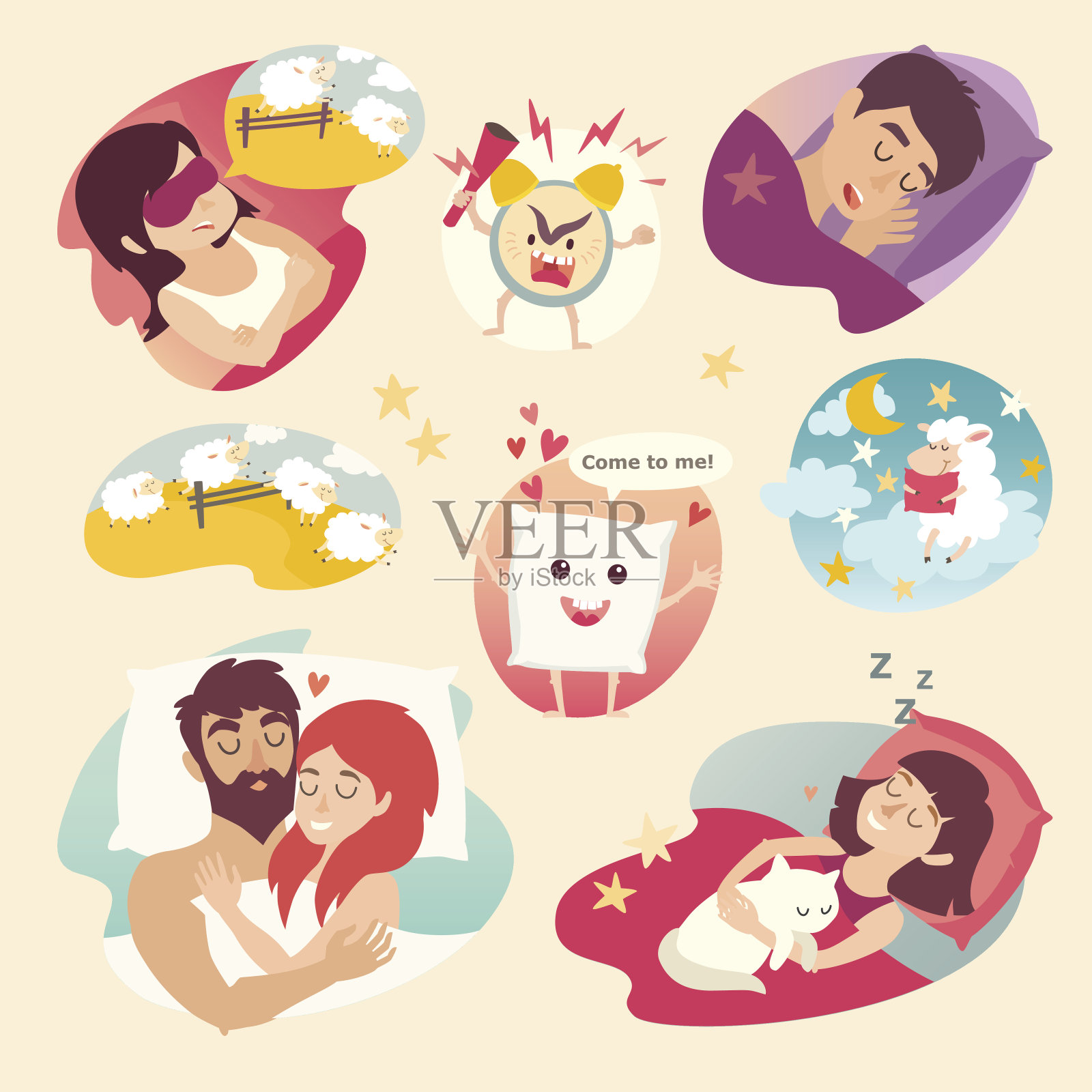 睡眠的设计理念。卡通闹钟，失眠，枕头插画图片素材