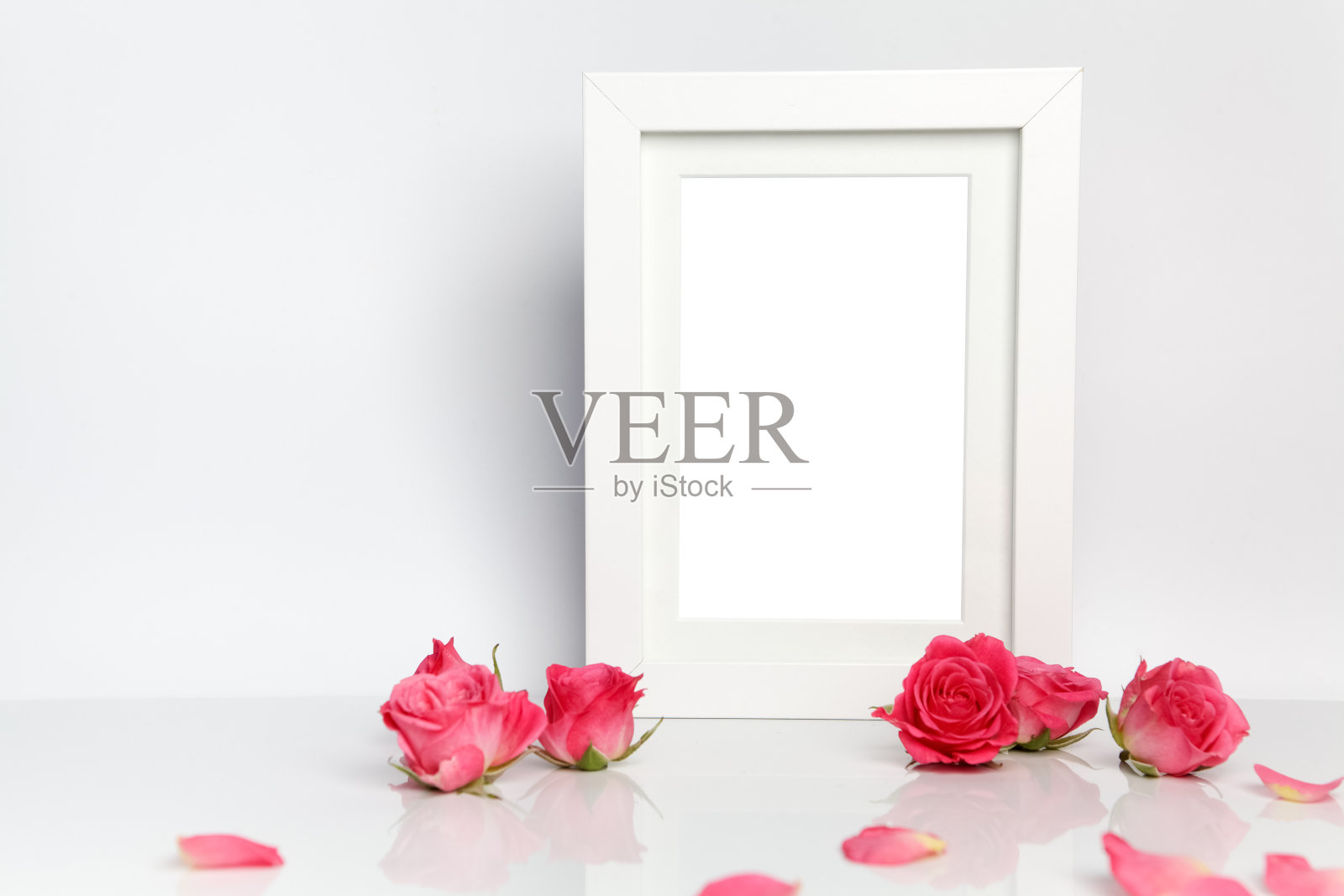 空白的相框和粉红色的玫瑰在白色的桌子背景照片摄影图片