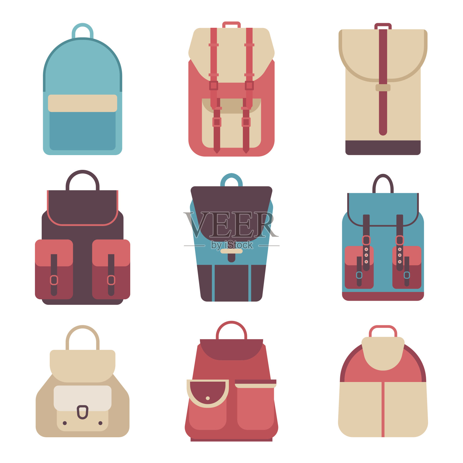 学校背包在一个平坦的风格。彩色背景的孩子设计元素图片