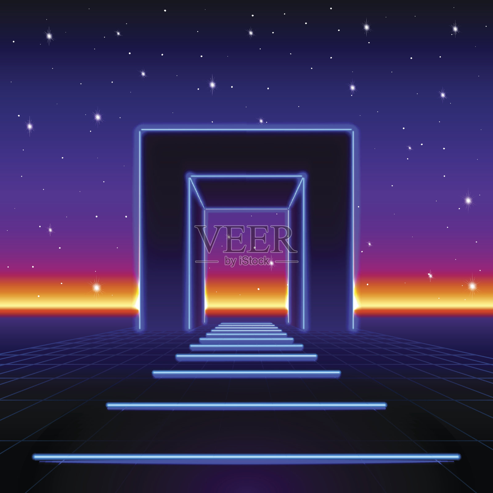 霓虹80年代风格的巨大大门在复古游戏景观与闪亮的未来之路插画图片素材