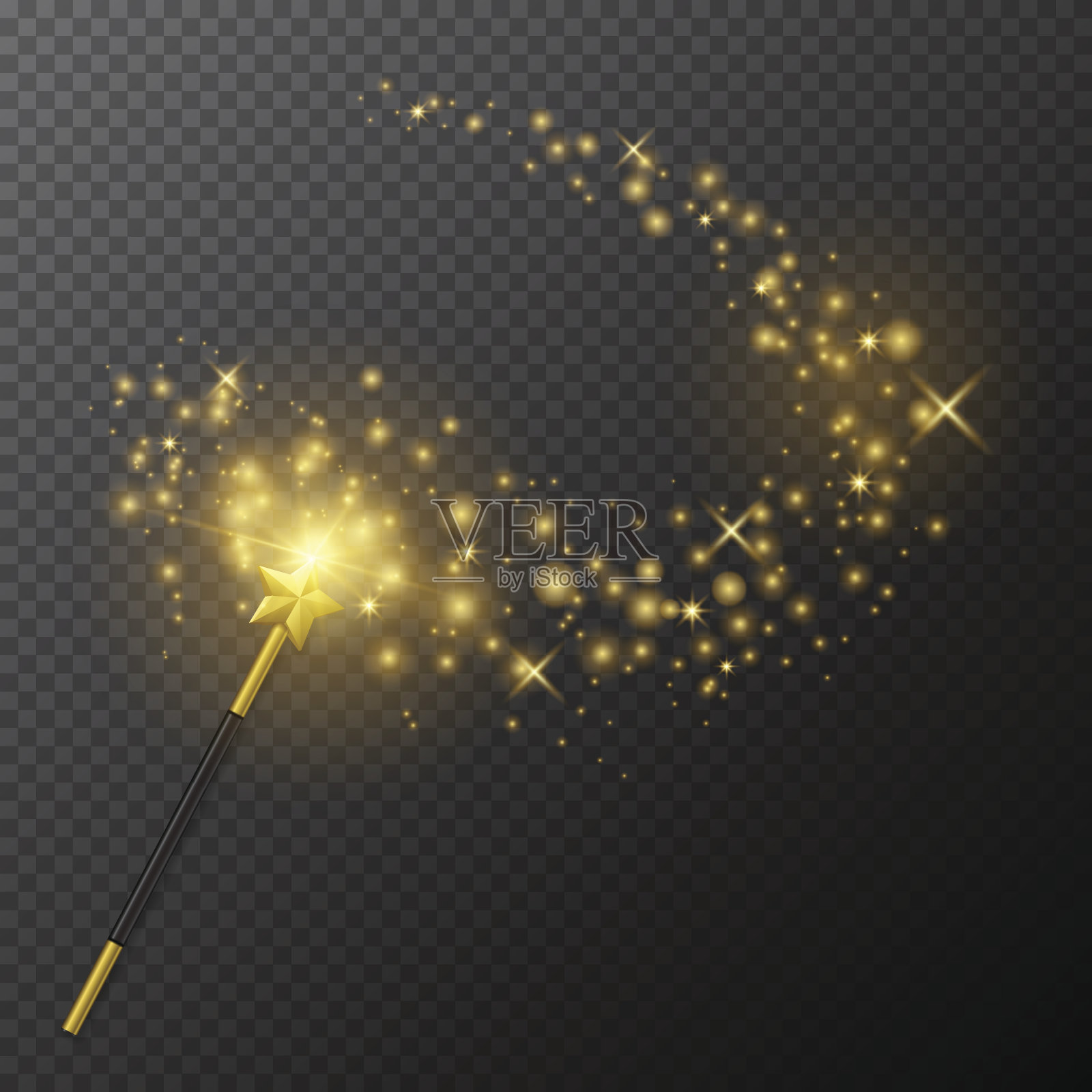 向量金色魔术棒与辉光在透明的背景。设计元素图片