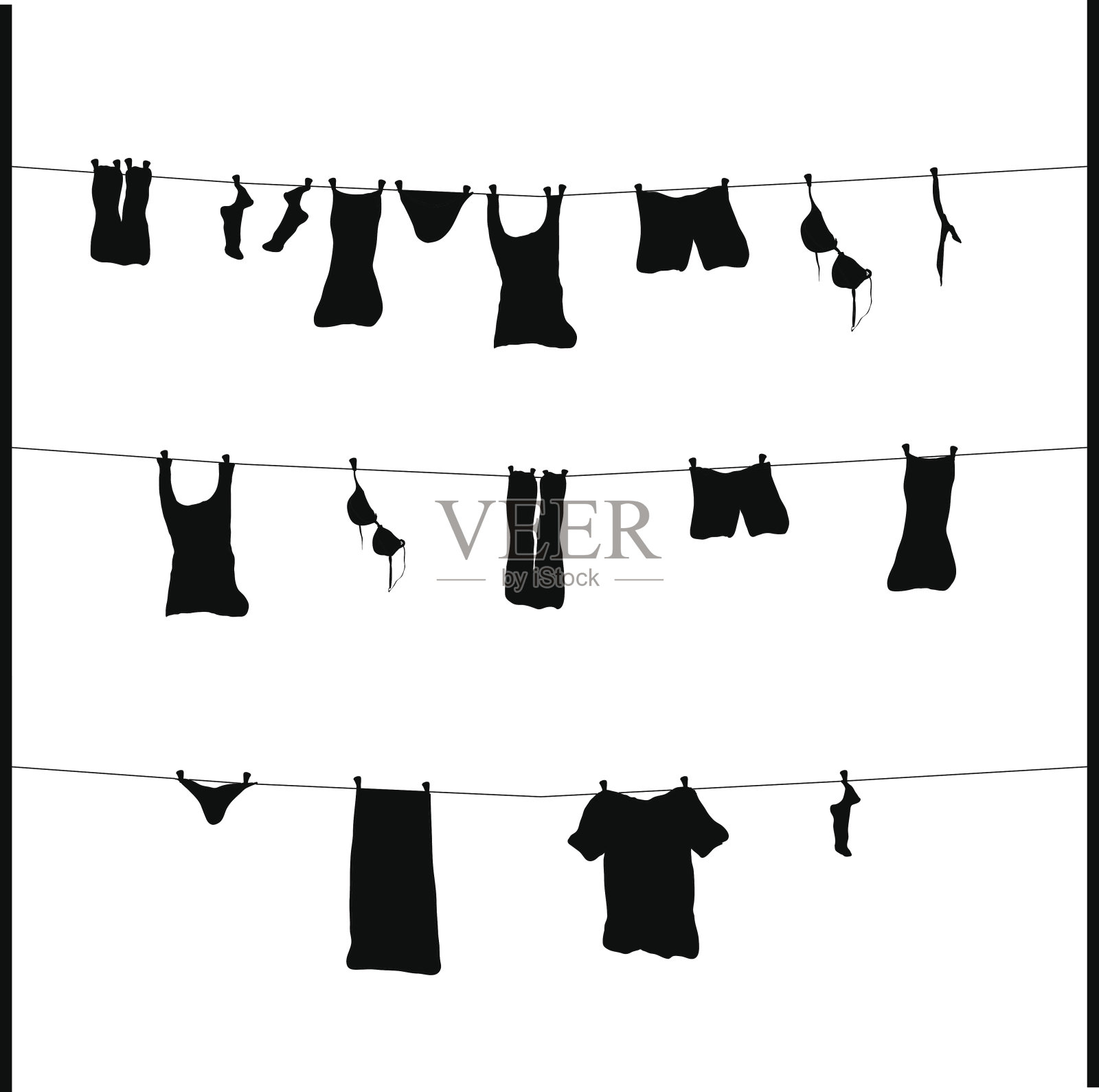 衣物黑白轮廓，包括衣架、洗衣粉熨斗、烫衣板、晾衣绳等插画图片素材