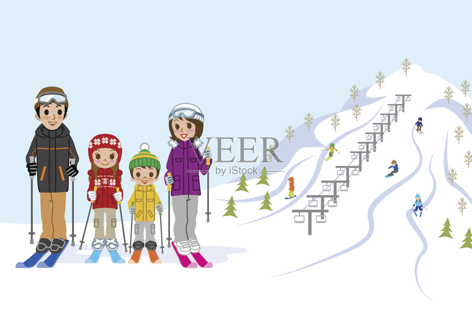滑雪坡上的家庭插画图片素材
