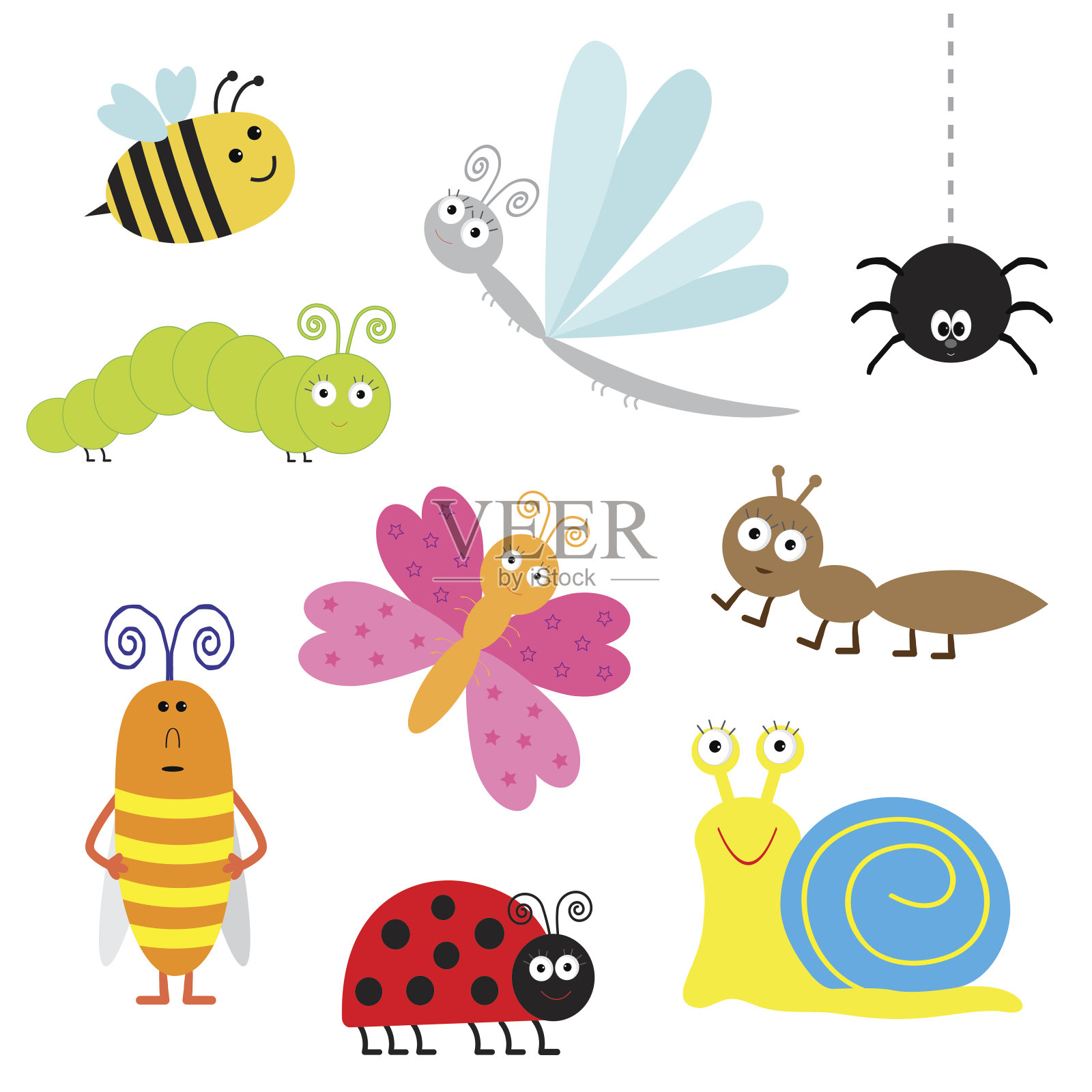 可爱的卡通昆虫组。瓢虫，蜻蜓，蝴蝶，毛毛虫，蚂蚁，蜘蛛插画图片素材