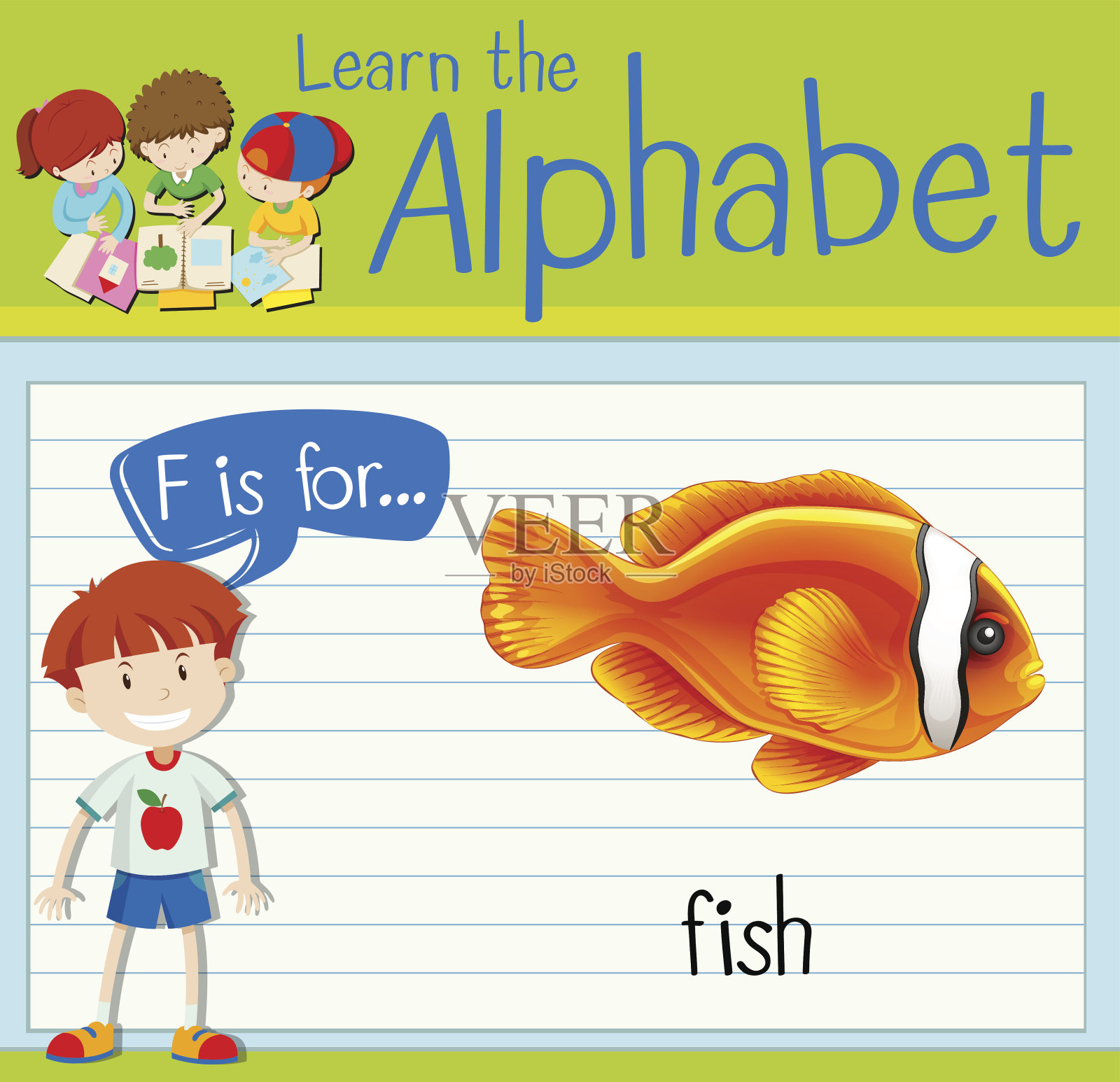 识字卡片上的字母F代表鱼插画图片素材