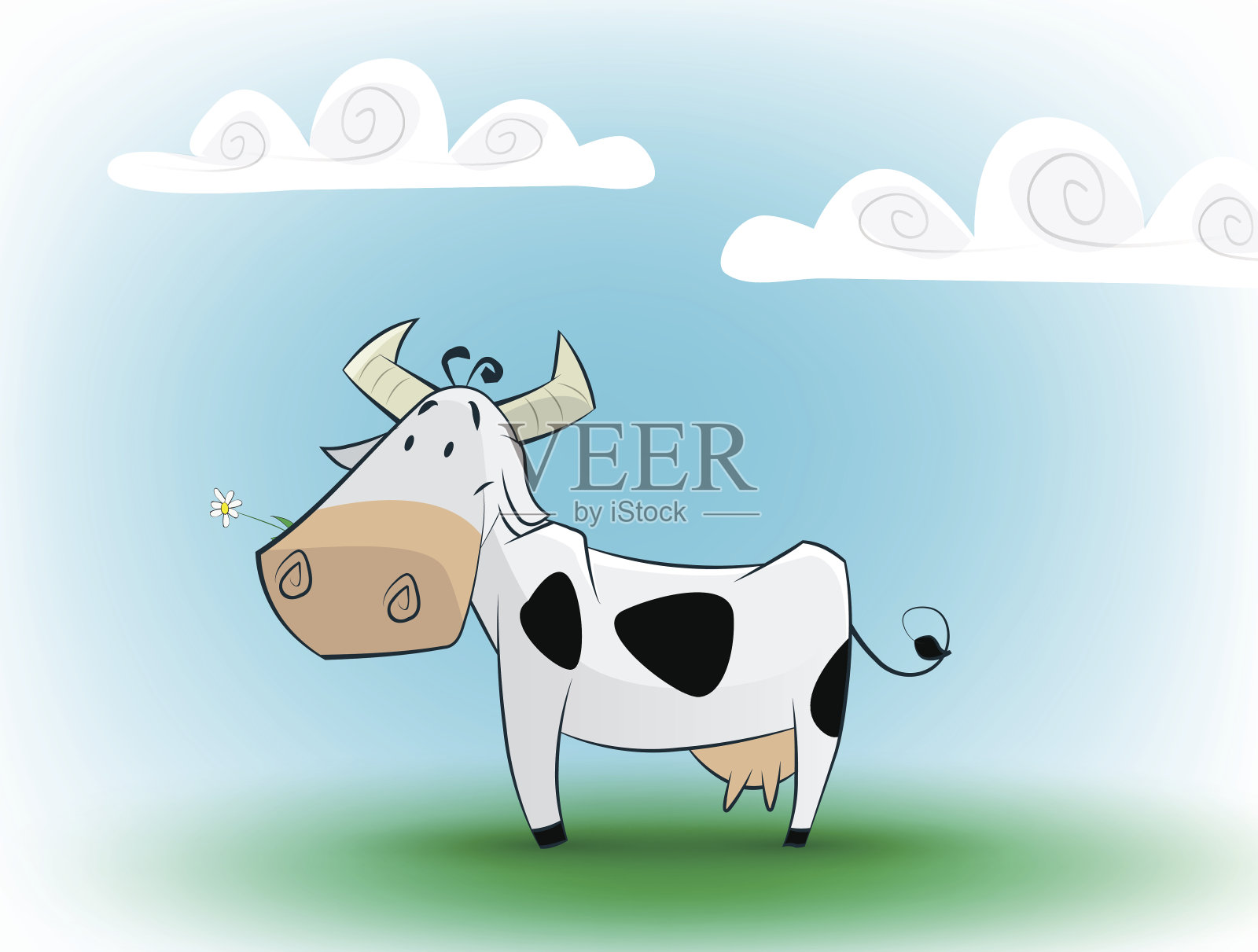可爱的黑白奶牛吃雏菊。插画图片素材