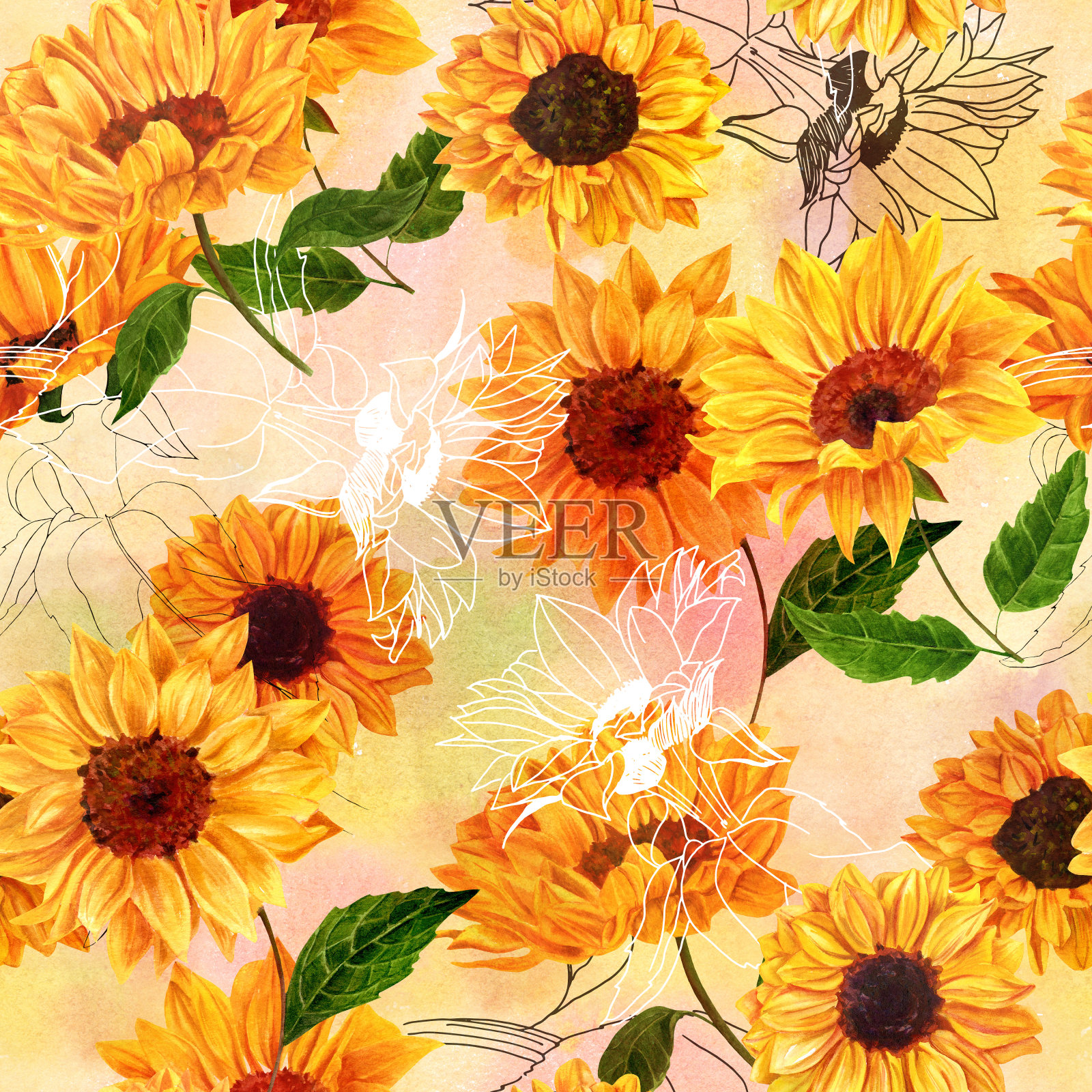 无缝图案与手绘水彩向日葵背景图片素材