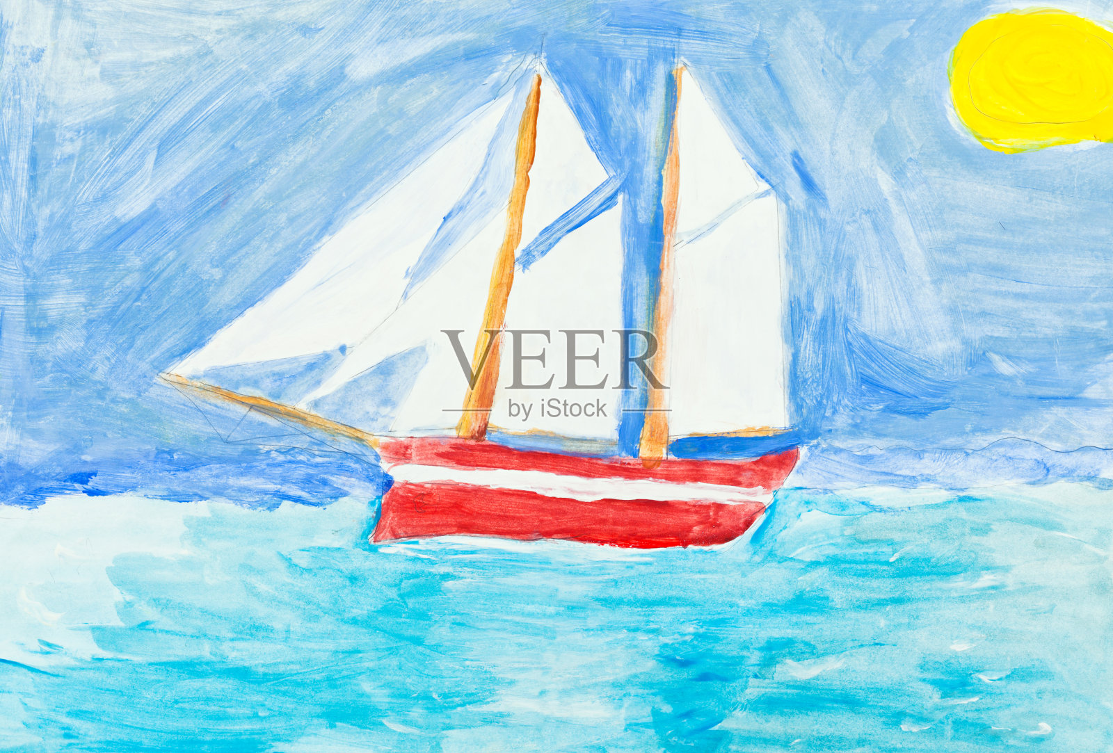孩子们在蓝色的海洋中画着帆船插画图片素材