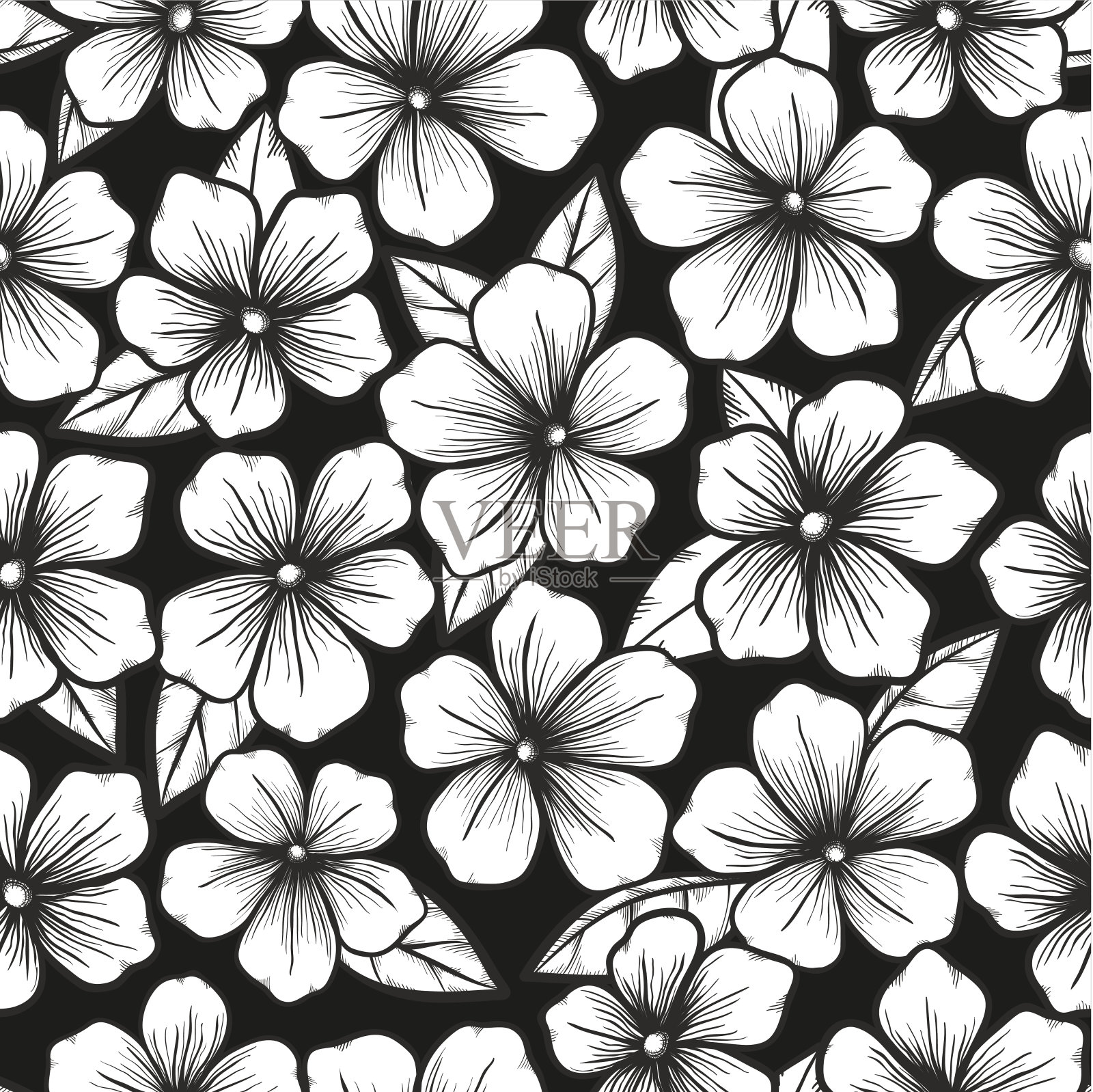 黑白无缝背景与图形的花朵轮廓插画图片素材