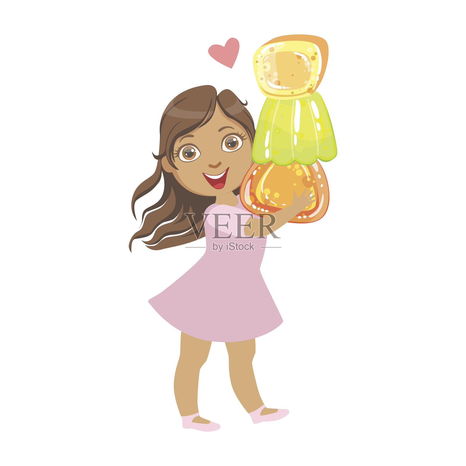 小女孩手里拿着五颜六色的柑橘果冻，一个五颜六色的人物插画图片素材