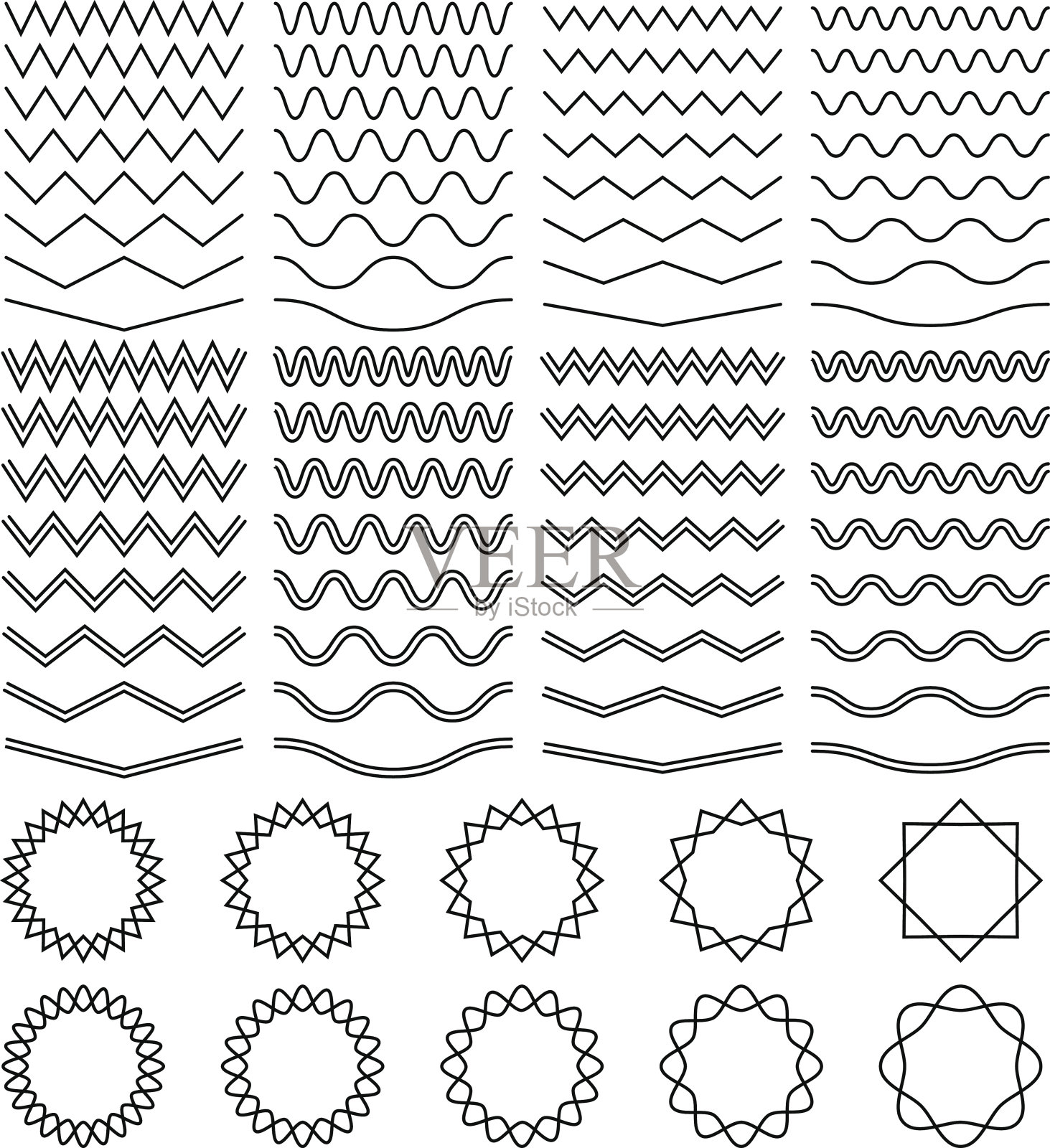 弯曲的波浪和锯齿状的条纹线和圆形的锯齿状的帧向量集插画图片素材