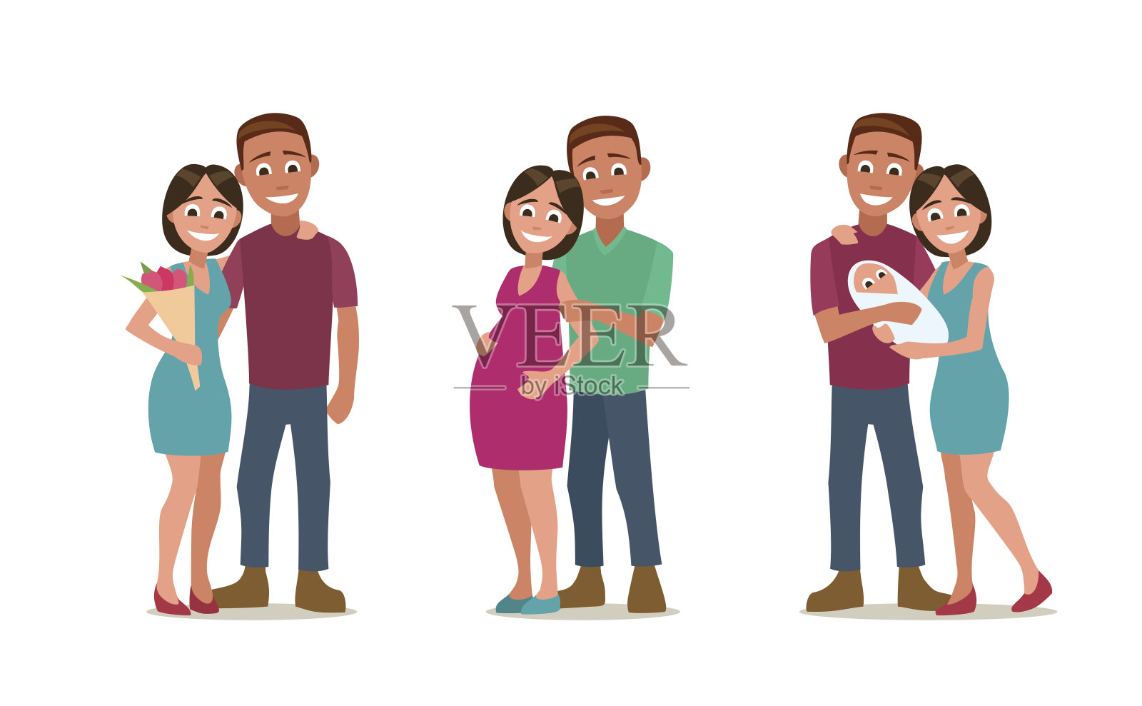 创造家庭的阶段。爱,怀孕、出生。夫妇和孩子。插画图片素材