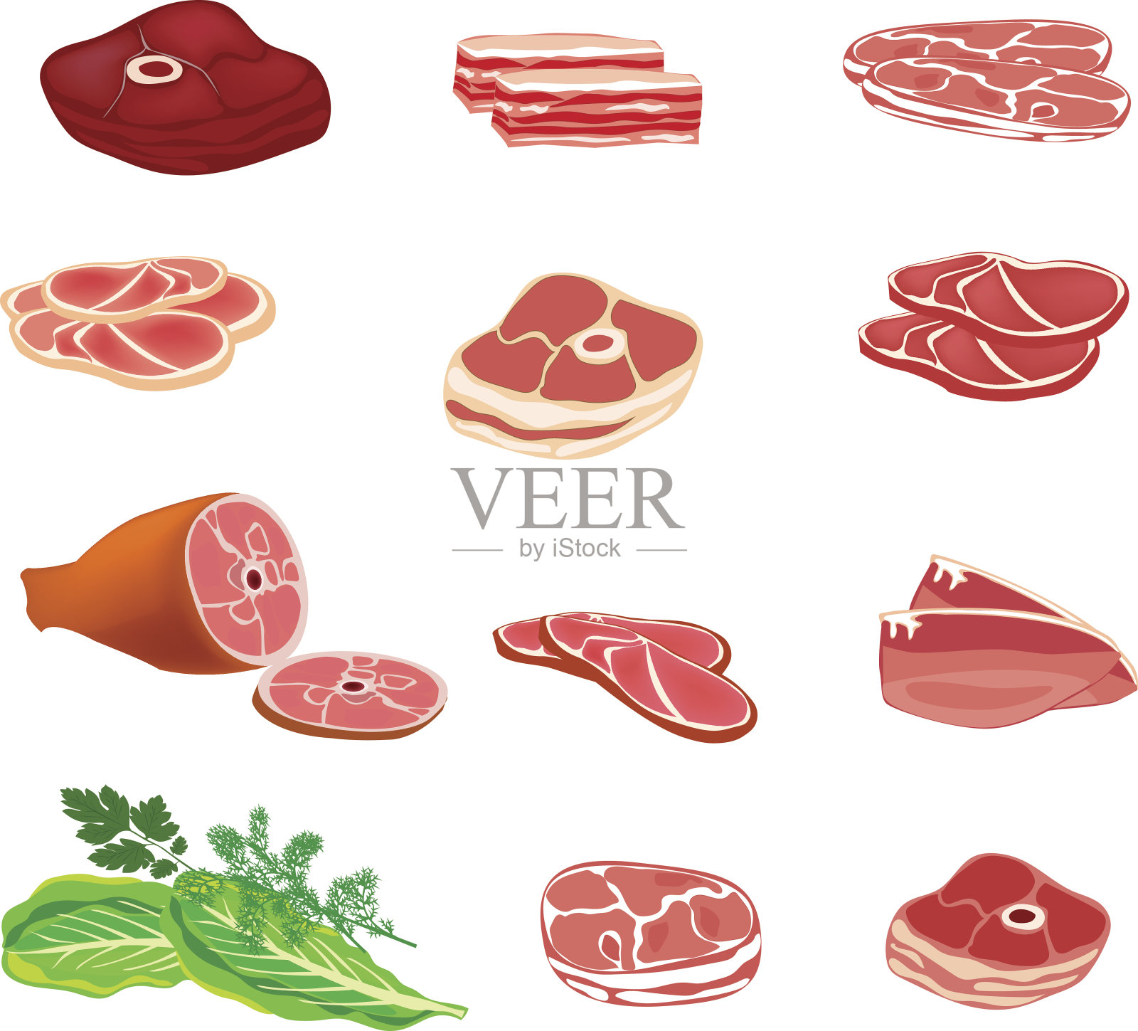 新鲜的生肉。肉类产品矢量图标集。矢量插图。设计元素图片