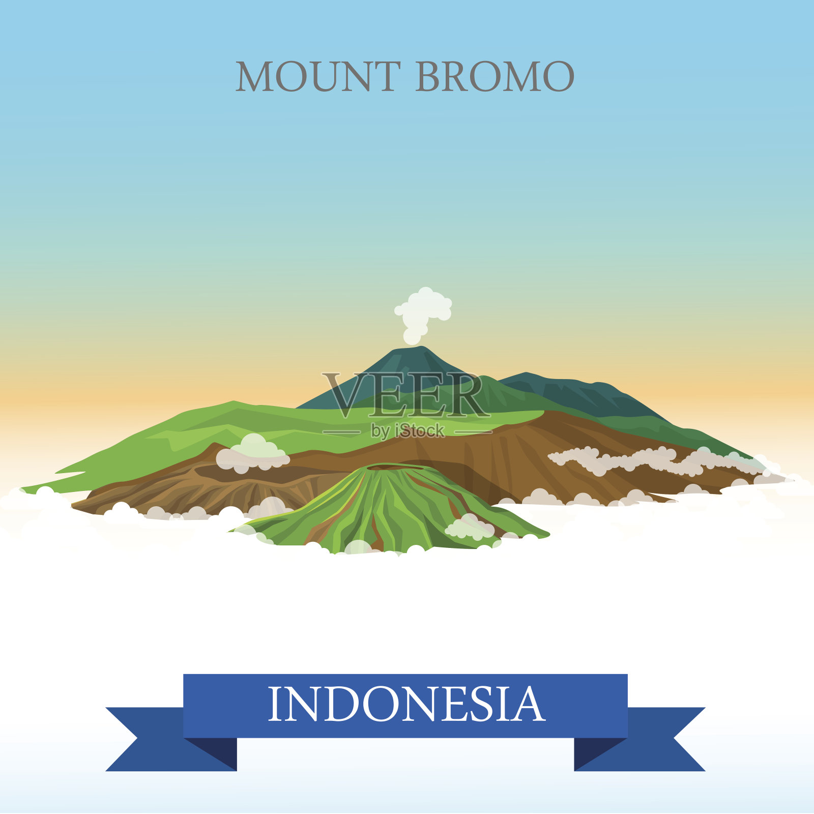 印度尼西亚的布罗莫山。平面卡通风格的历史景点展示景点网站矢量插图。世界各国城市度假旅游观光亚洲收藏。插画图片素材