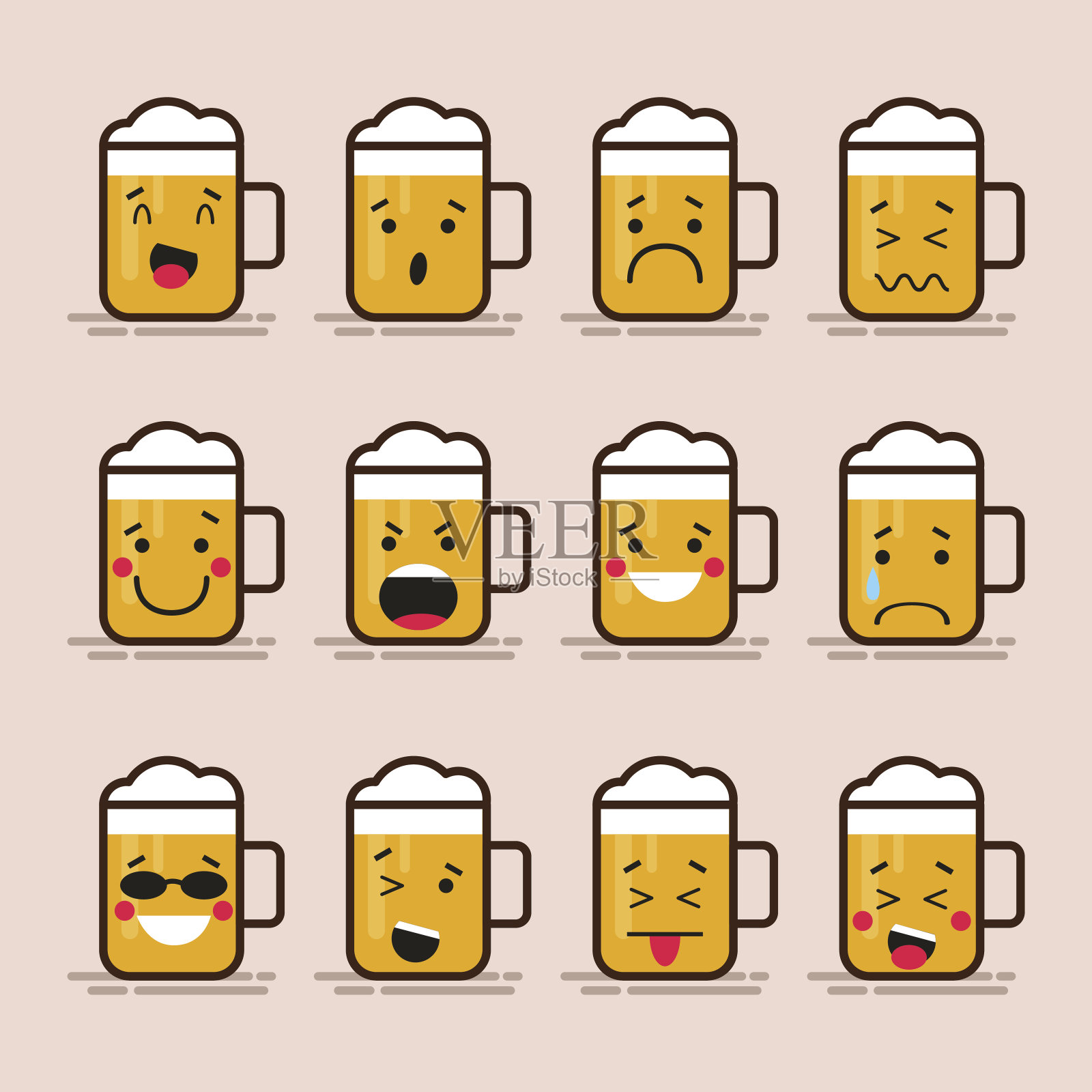 设置可爱的平面设计啤酒性格杯与不同的面部表情，情绪。收集的表情孤立的颜色背景。图标素材