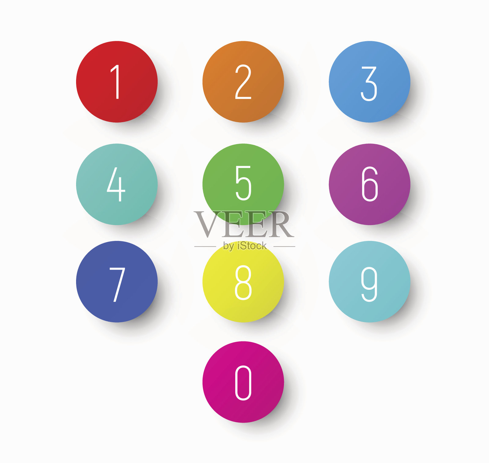 一组数字从1到9在一个圆形的多色按钮上有一个阴影。设计元素图片