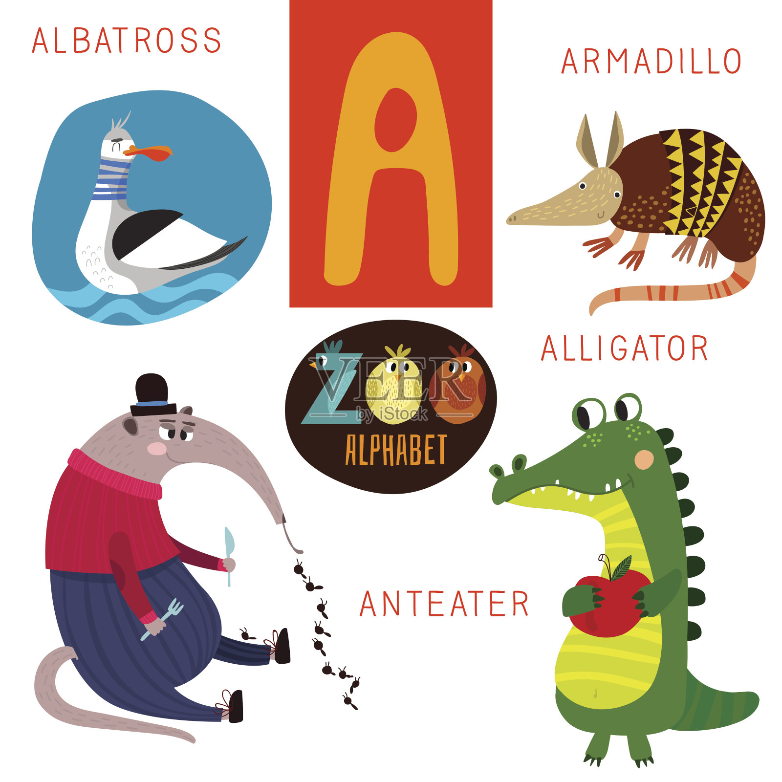 可爱的动物园字母在向量。一个字母。有趣的卡通动物插画图片素材