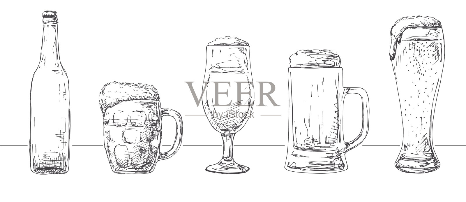 不同的啤酒杯，不同的啤酒杯和瓶子。矢量插图的草图风格。插画图片素材