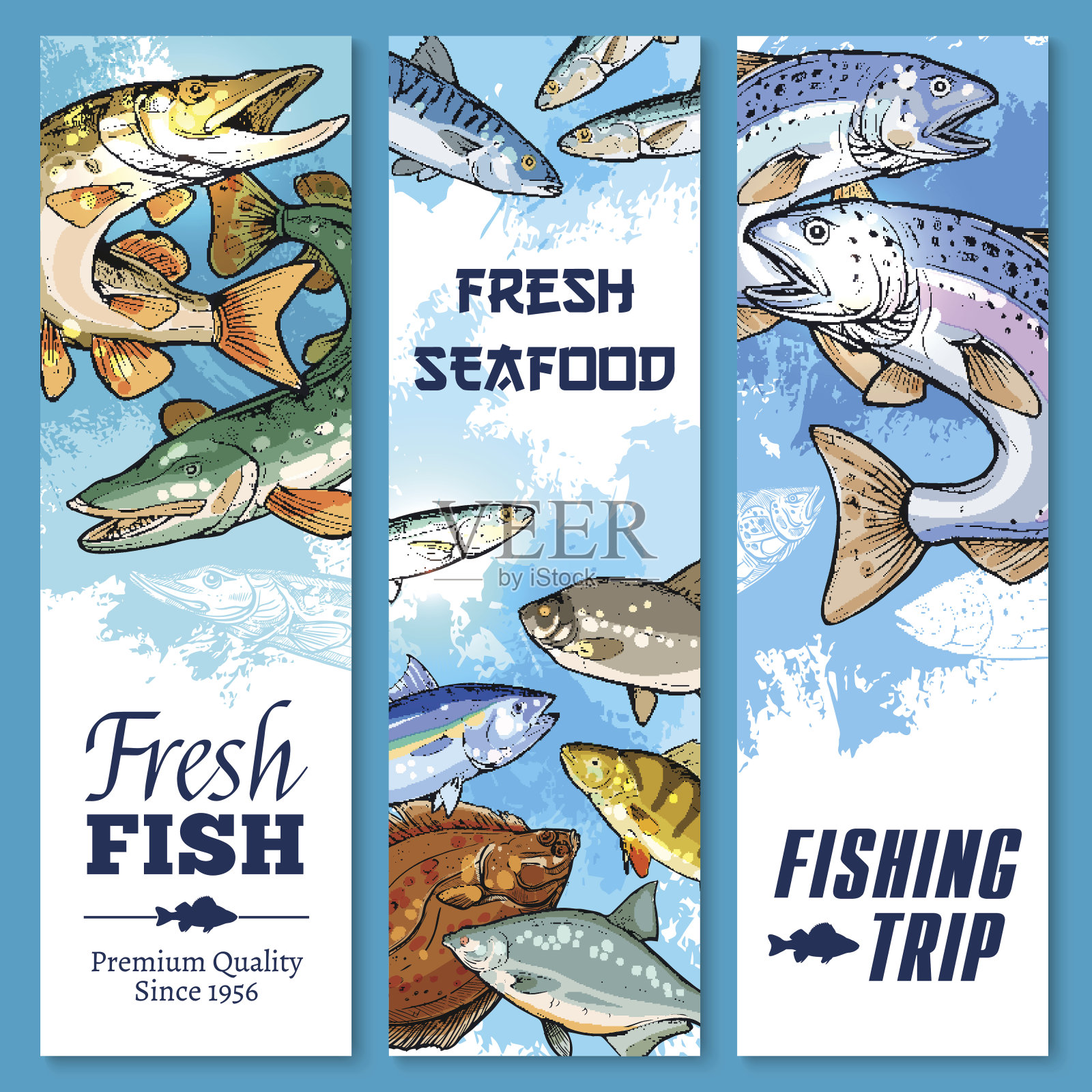 矢量横幅钓鱼旅行和鱼捕获插画图片素材
