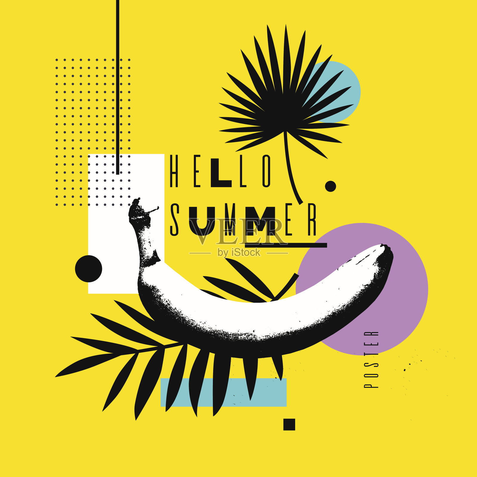 你好，夏天。明亮的海报，香蕉在抽象的背景插画图片素材