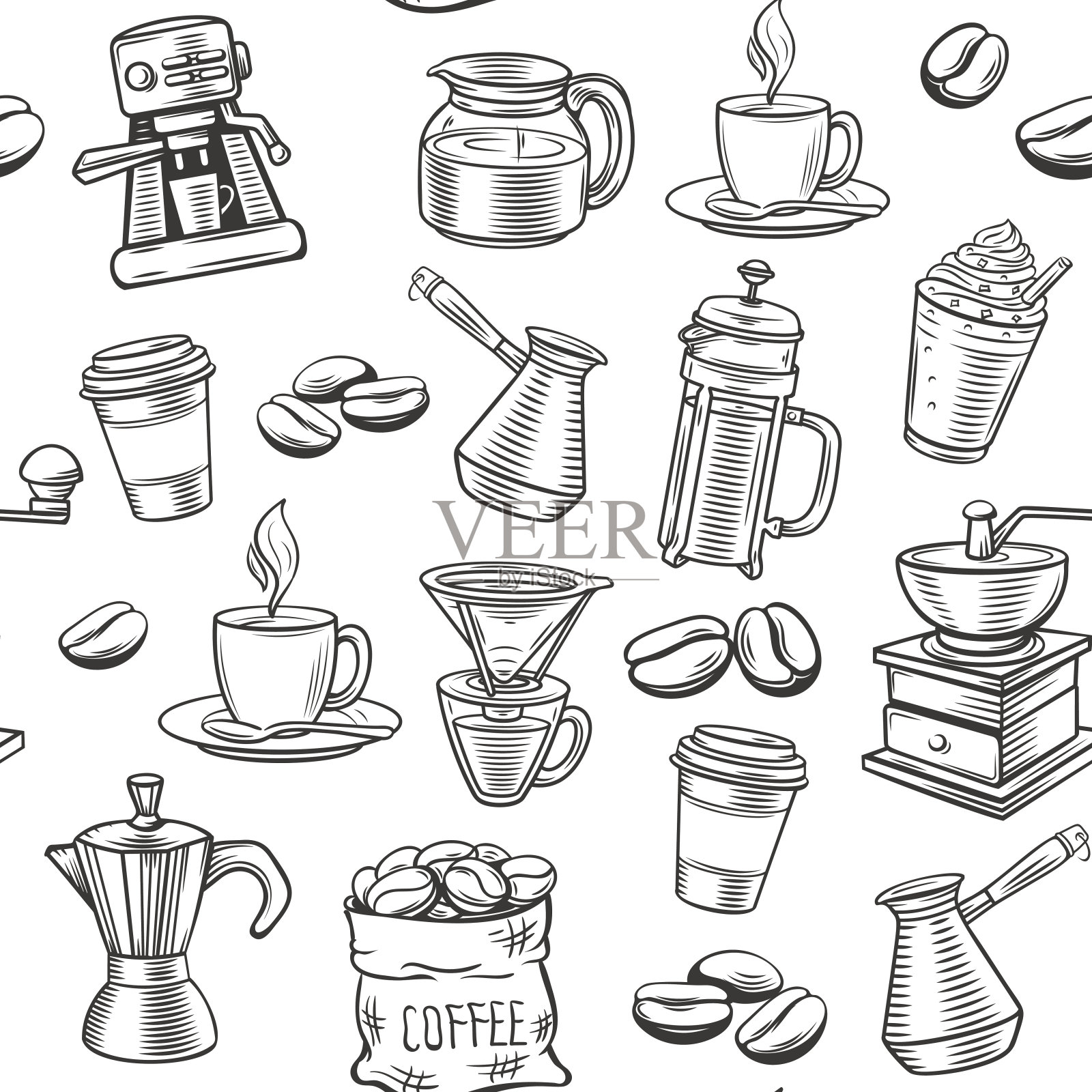 手绘咖啡无缝图案插画图片素材