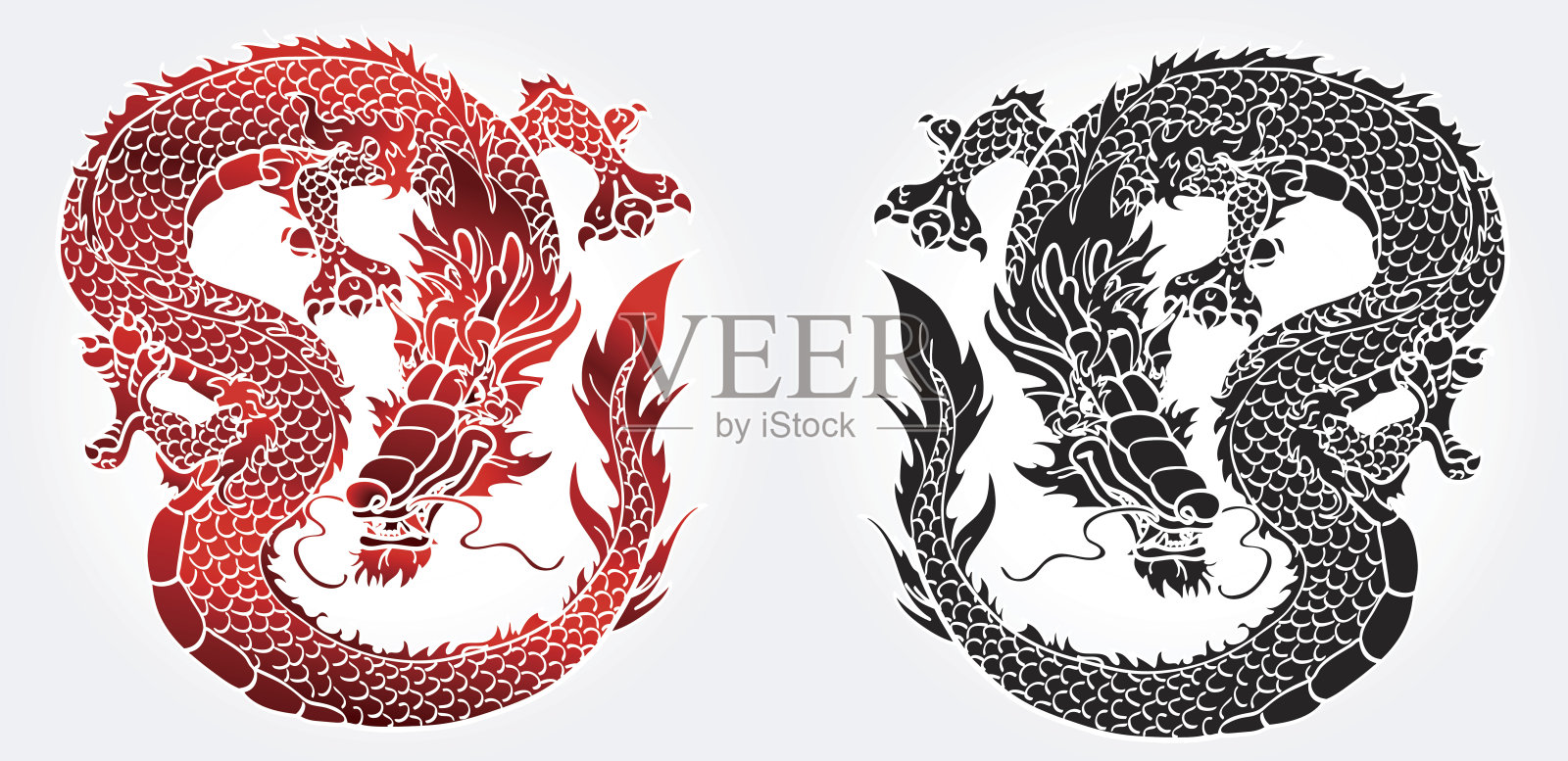 狡猾的亚洲黑色和红色龙在白色插画图片素材
