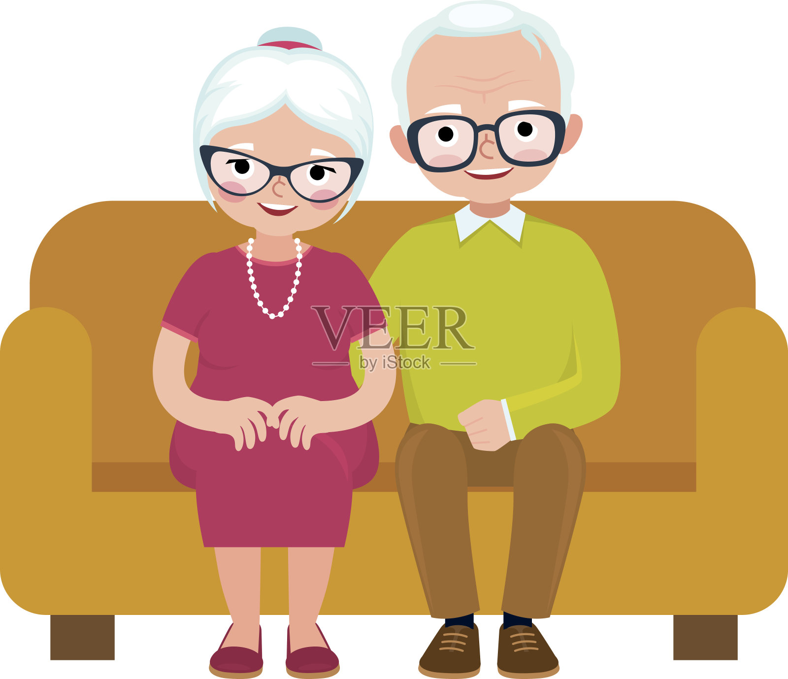 老夫妇夫妇坐在沙发上拥抱插画图片素材
