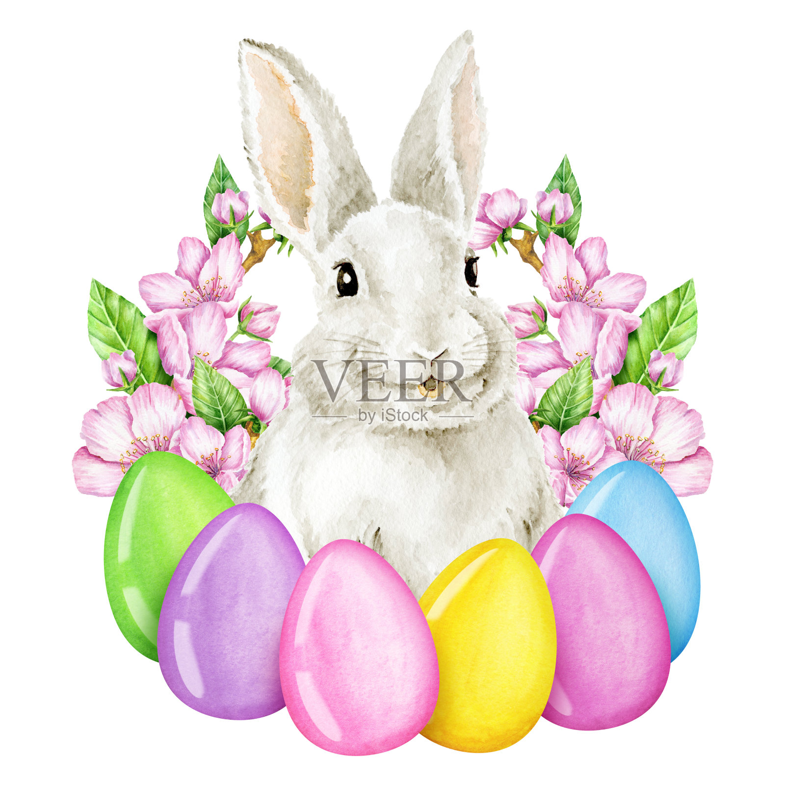 带着复活节彩蛋的复活节兔子。水彩插图设计元素图片