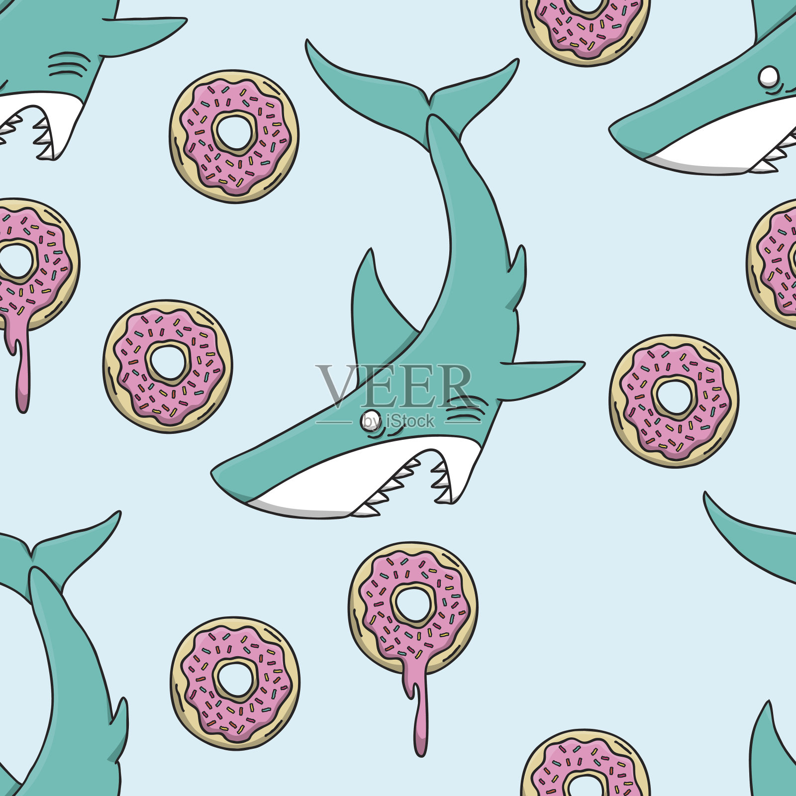 鲨鱼vs甜甜圈模式插画图片素材